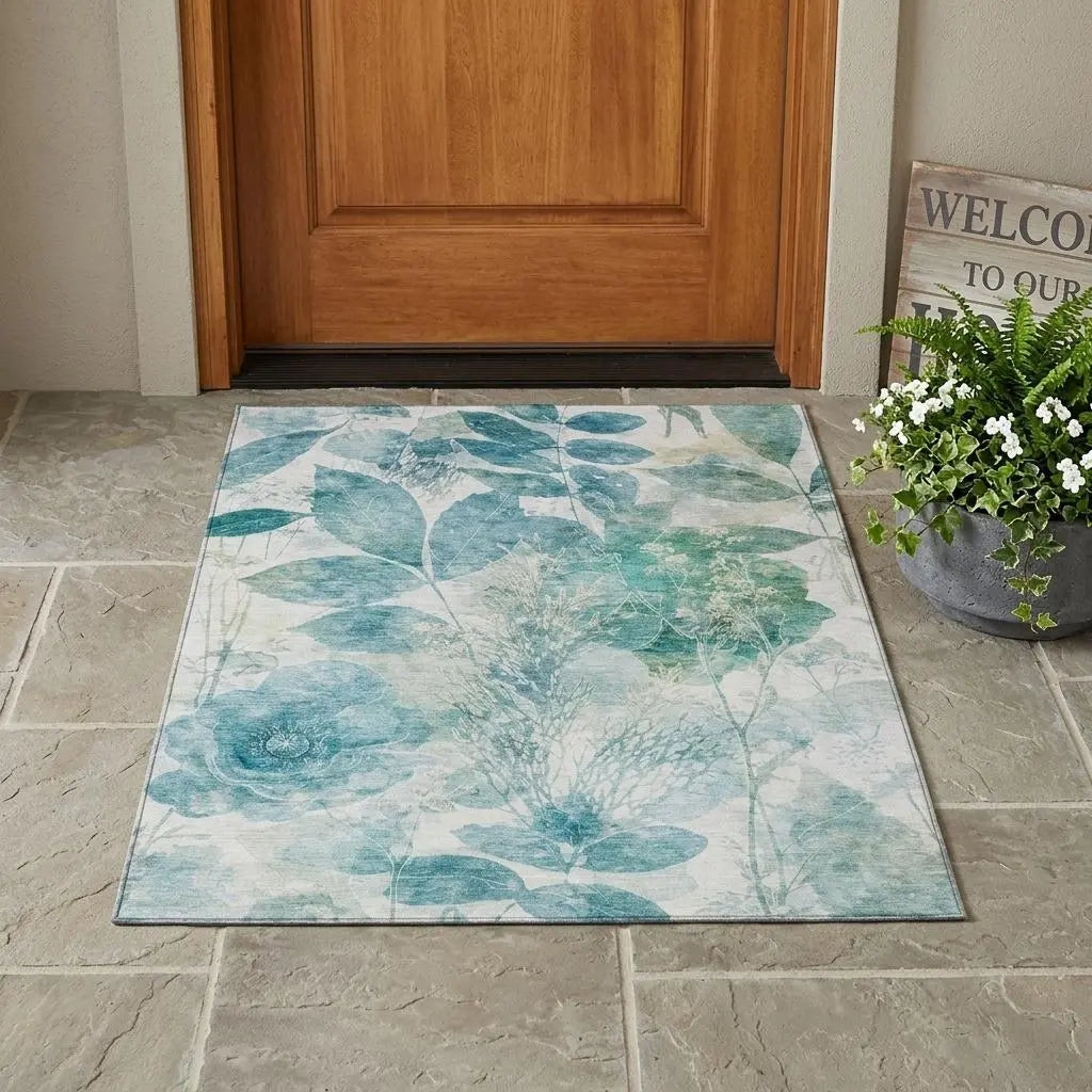 3' X 5' Teal Blue And Silver Floral Washable Indoor Outdoor Area Rug Homeroots Outdoor