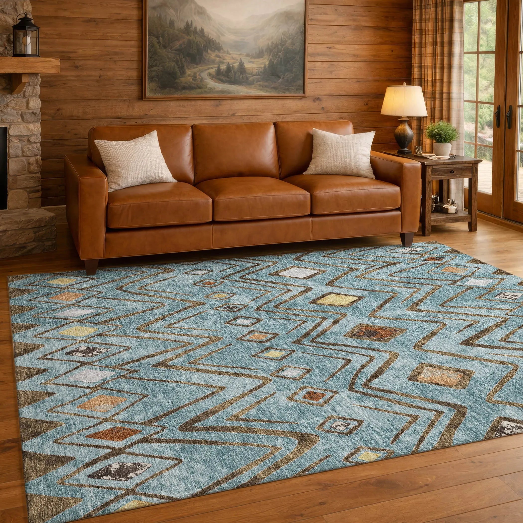 3' X 5' Teal Blue And Silver Geometric Washable Indoor Outdoor Area Rug Homeroots Outdoor