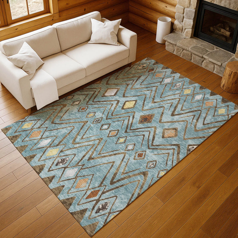 3' X 5' Teal Blue And Silver Geometric Washable Indoor Outdoor Area Rug Homeroots Outdoor