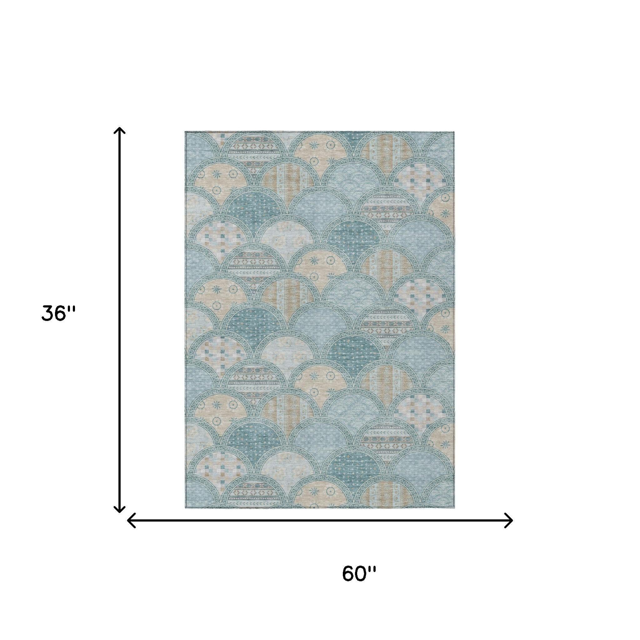 3' X 5' Teal Blue And Silver Geometric Washable Indoor Outdoor Area Rug Homeroots Outdoor