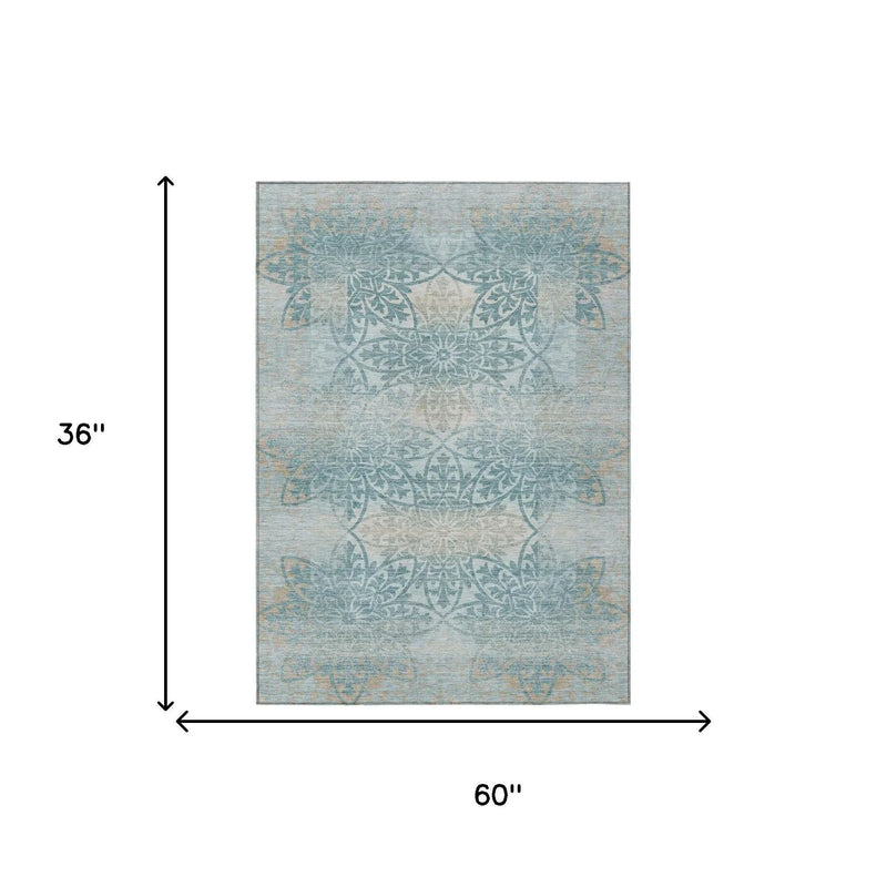 3' X 5' Teal Blue And Silver Oriental Washable Indoor Outdoor Area Rug Homeroots Outdoor