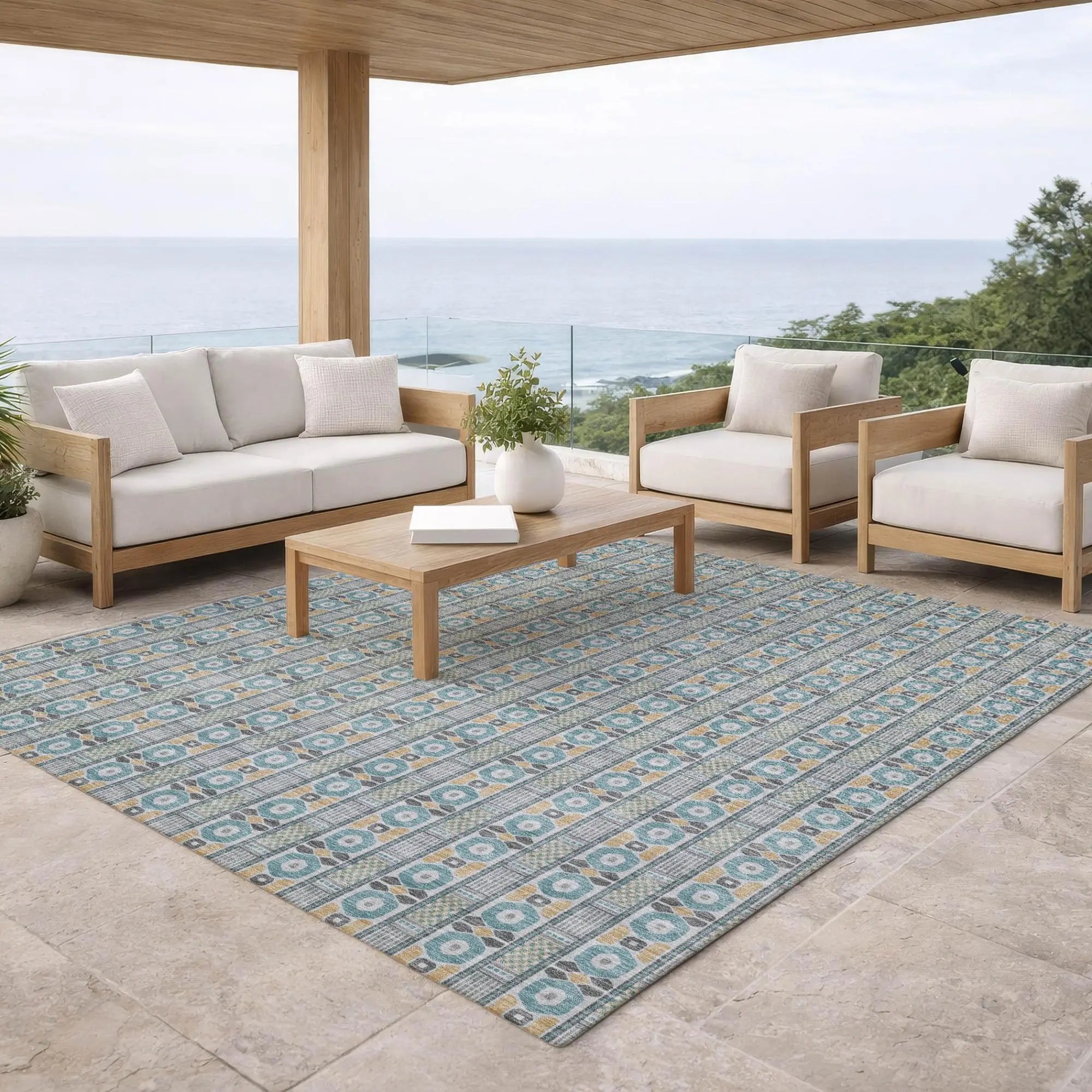 3' X 5' Teal Blue And Silver Striped Washable Indoor Outdoor Area Rug Homeroots Outdoor