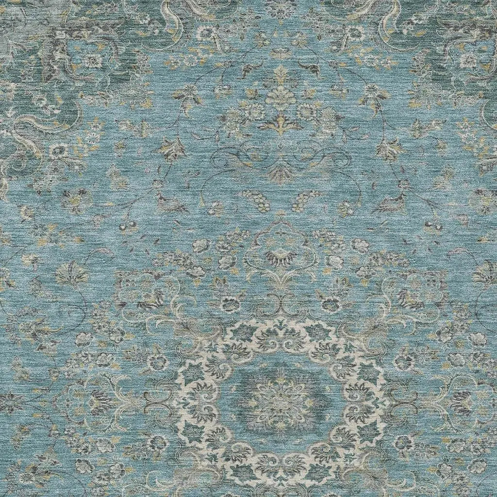 3' X 5' Teal Blue And Turquoise Floral Medallion Washable Indoor Outdoor Area Rug Homeroots Outdoor