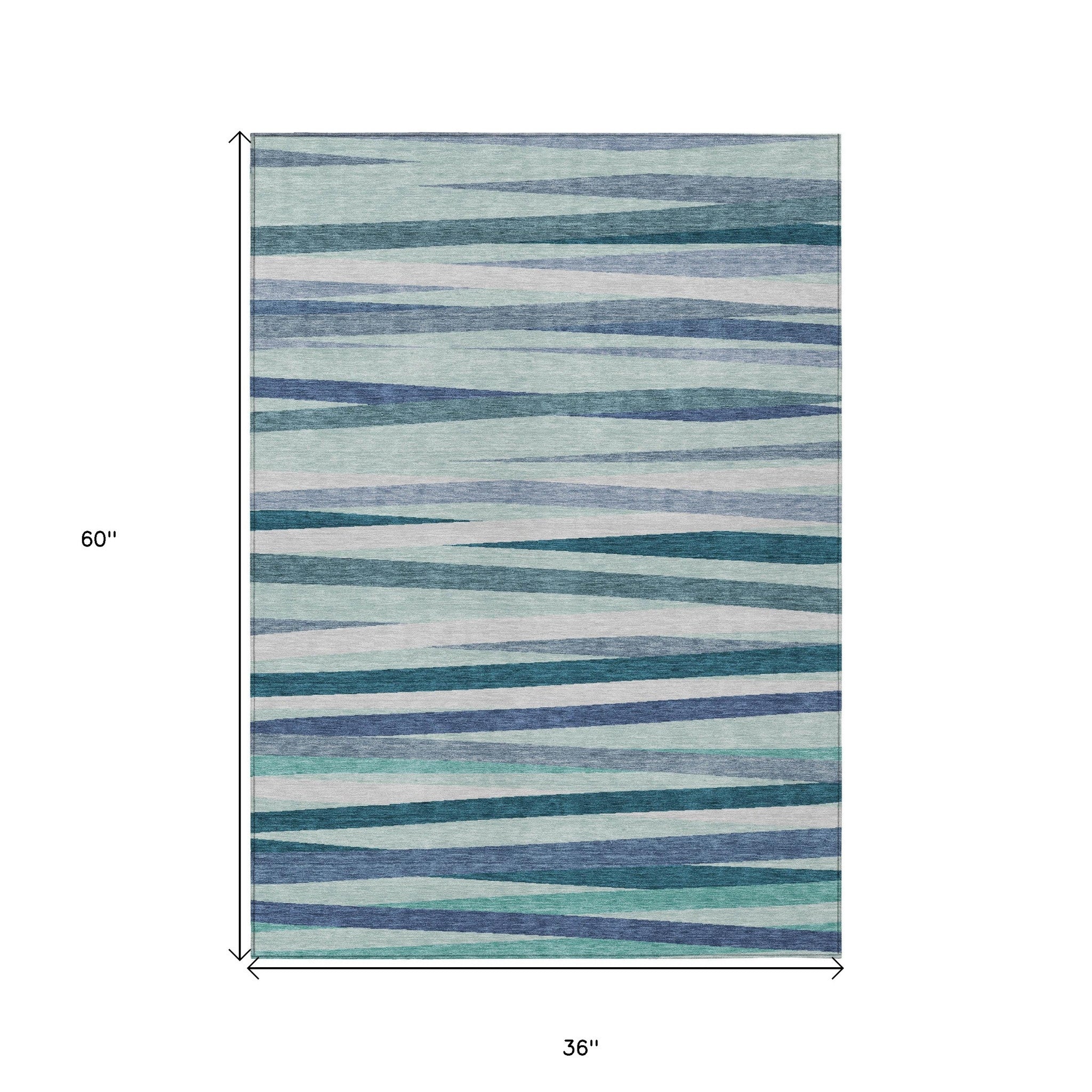3' X 5' Teal Blue Gray And Ivory Striped Washable Indoor Outdoor Area Rug - GreatEagleInc