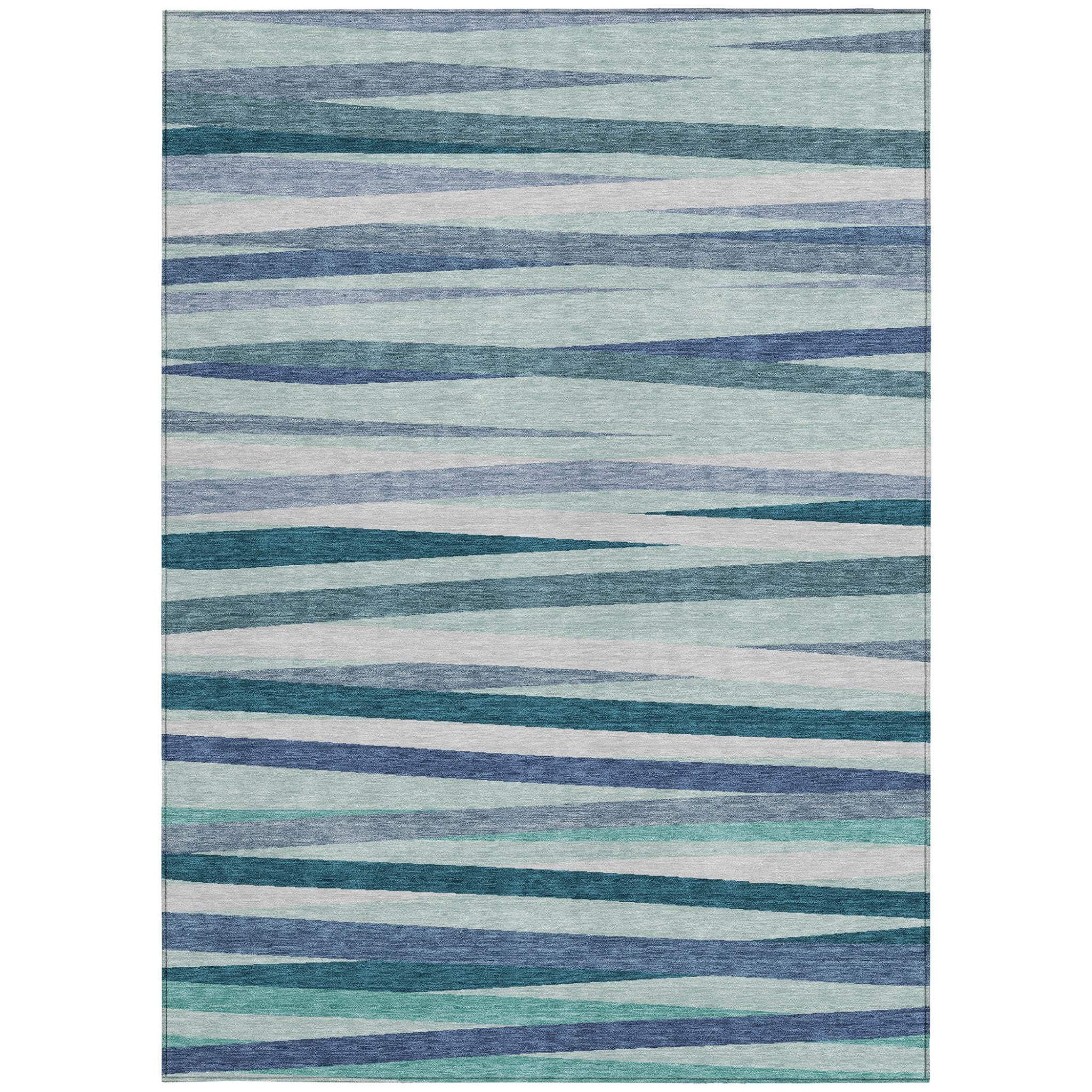 3' X 5' Teal Blue Gray And Ivory Striped Washable Indoor Outdoor Area Rug - GreatEagleInc