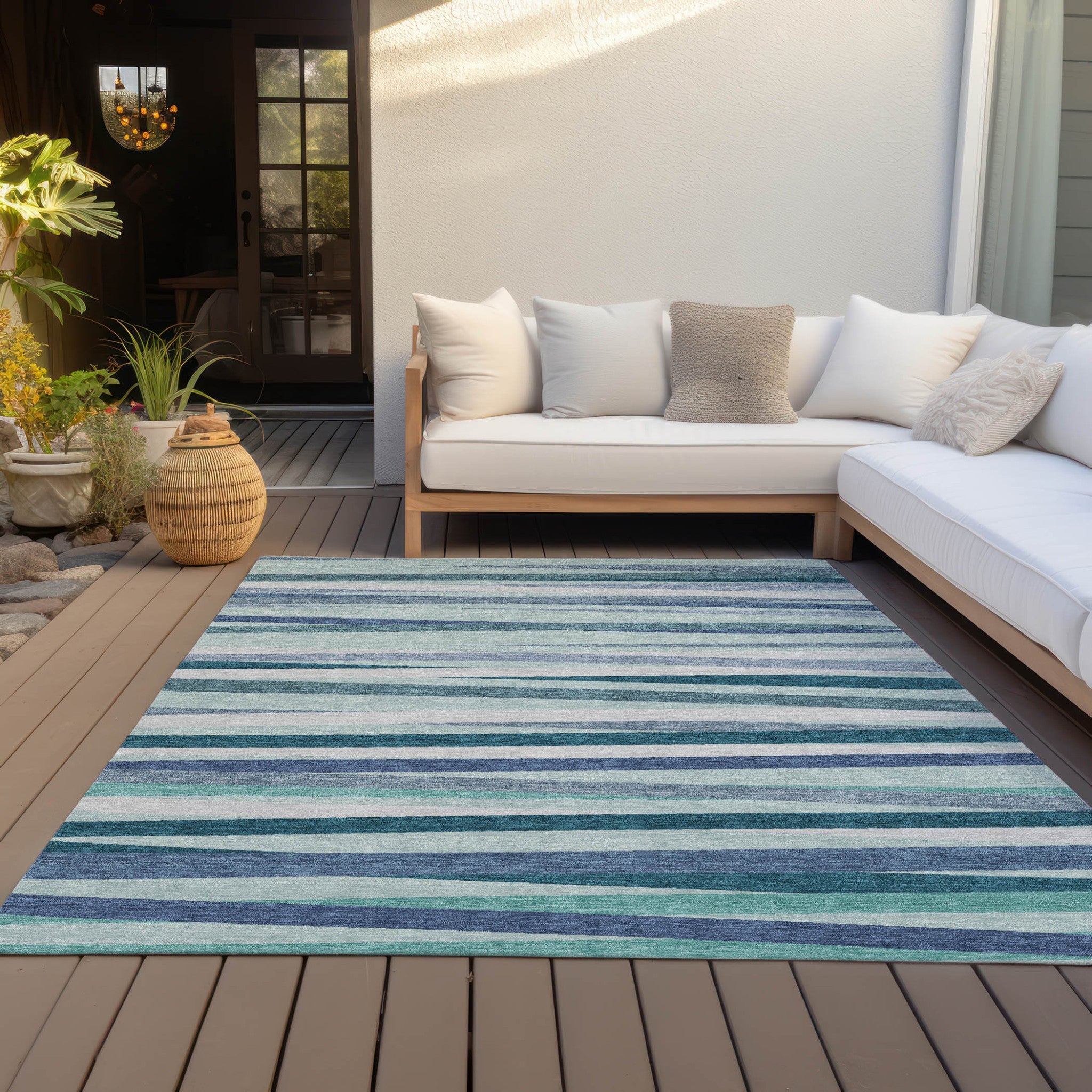 3' X 5' Teal Blue Gray And Ivory Striped Washable Indoor Outdoor Area Rug - GreatEagleInc