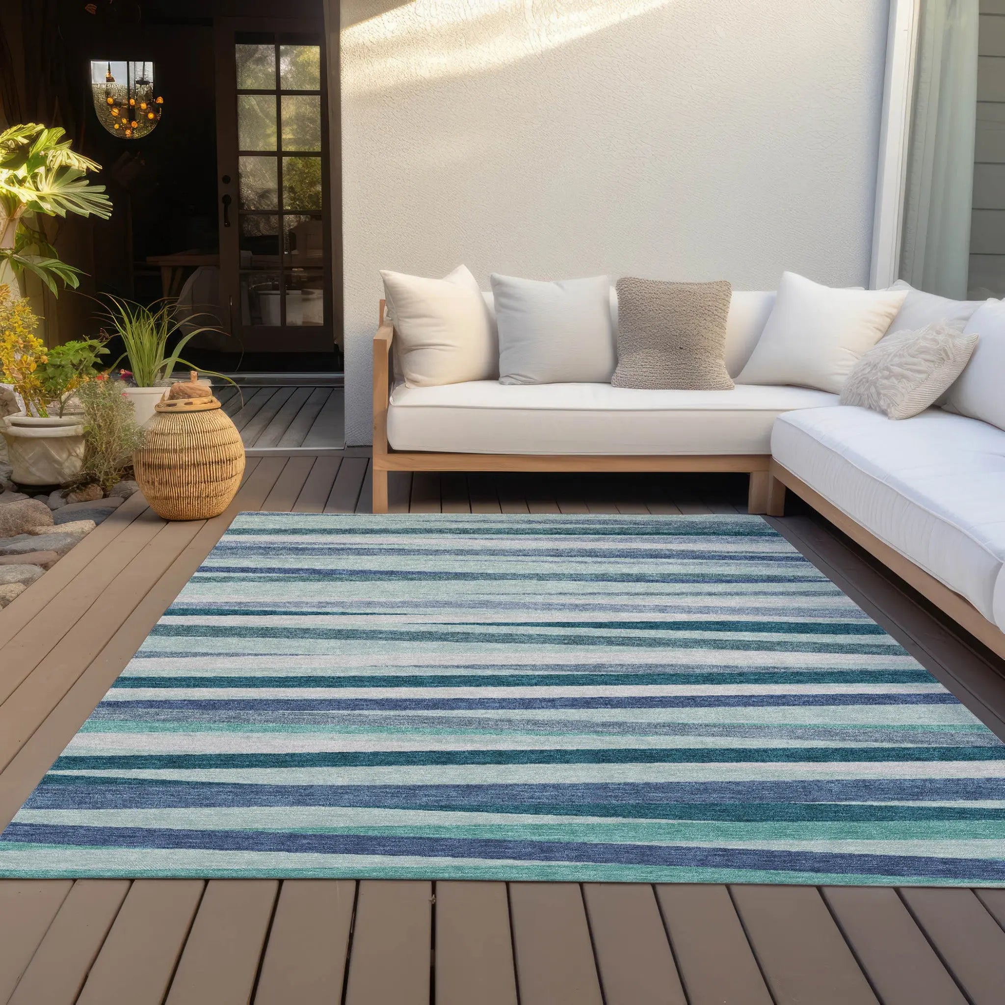 3' X 5' Teal Blue Gray And Ivory Striped Washable Indoor Outdoor Area Rug - GreatEagleInc