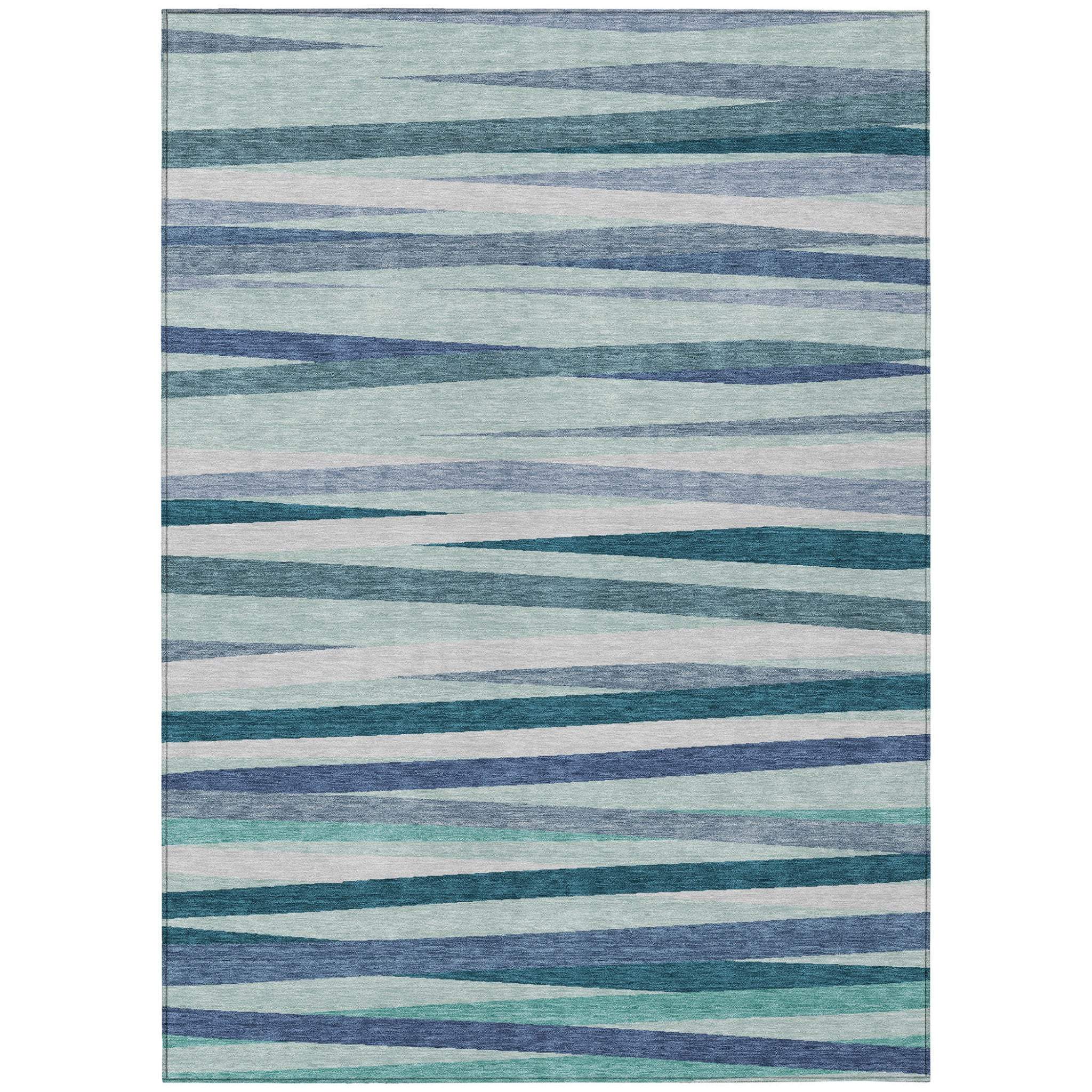 3' X 5' Teal Blue Gray And Ivory Striped Washable Indoor Outdoor Area Rug - GreatEagleInc