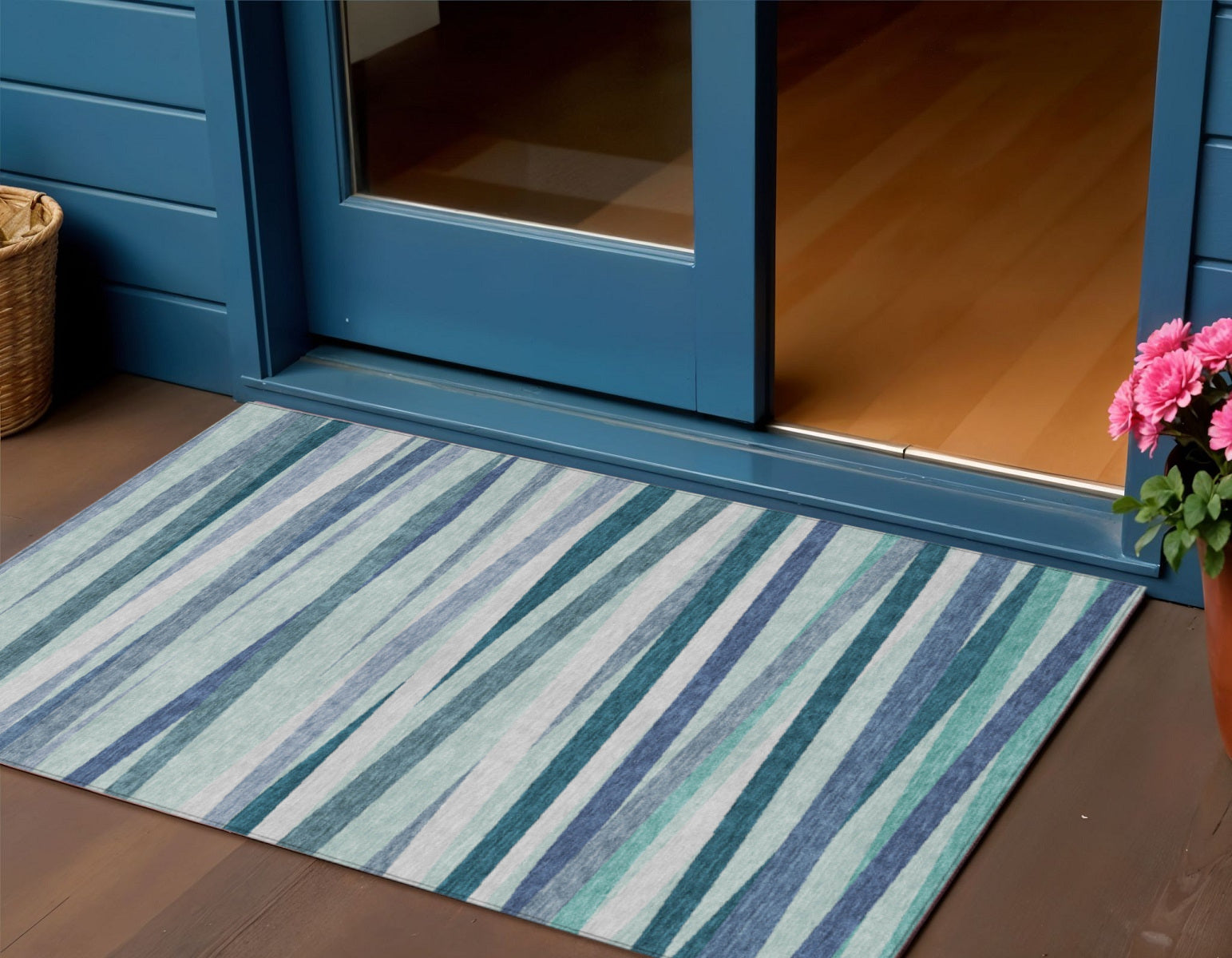 3' X 5' Teal Blue Gray And Ivory Striped Washable Indoor Outdoor Area Rug - GreatEagleInc