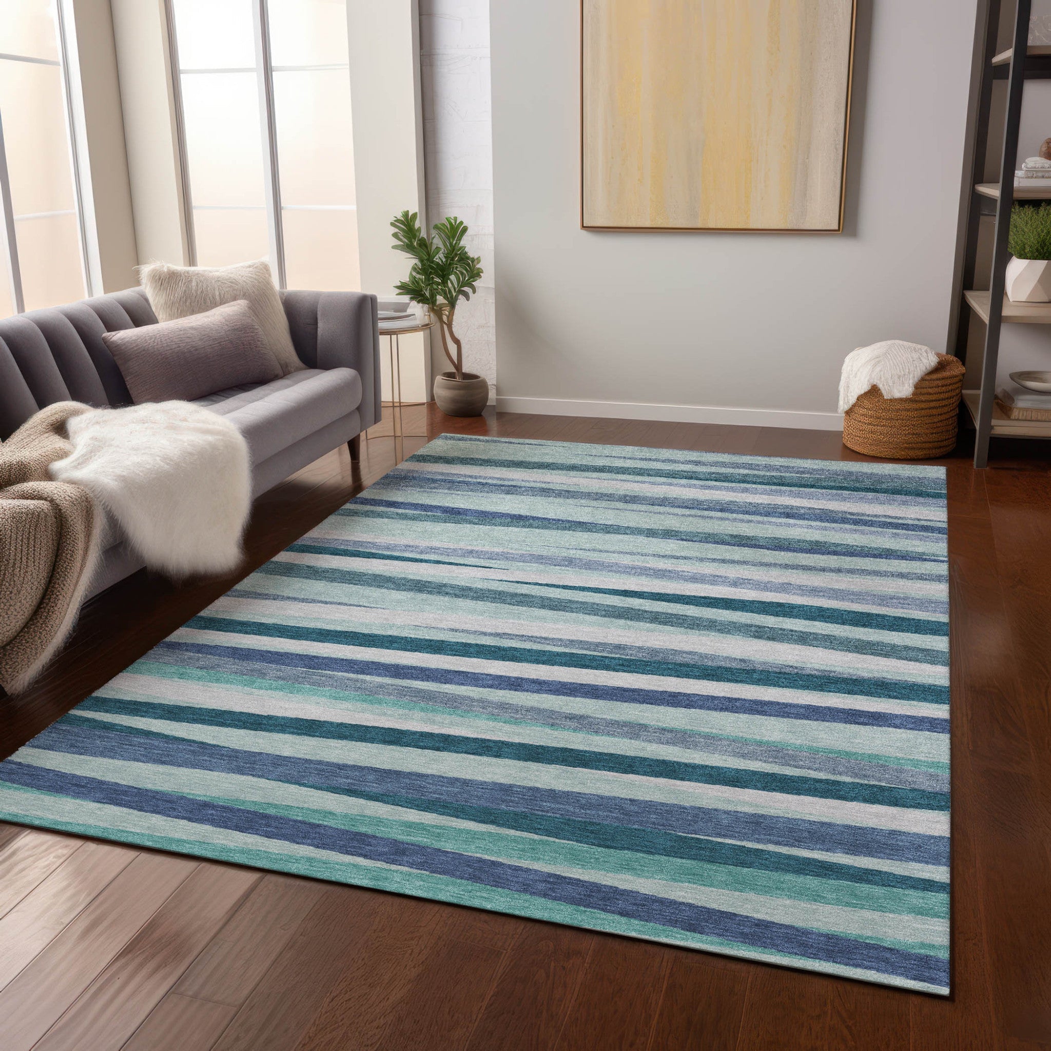 3' X 5' Teal Blue Gray And Ivory Striped Washable Indoor Outdoor Area Rug - GreatEagleInc