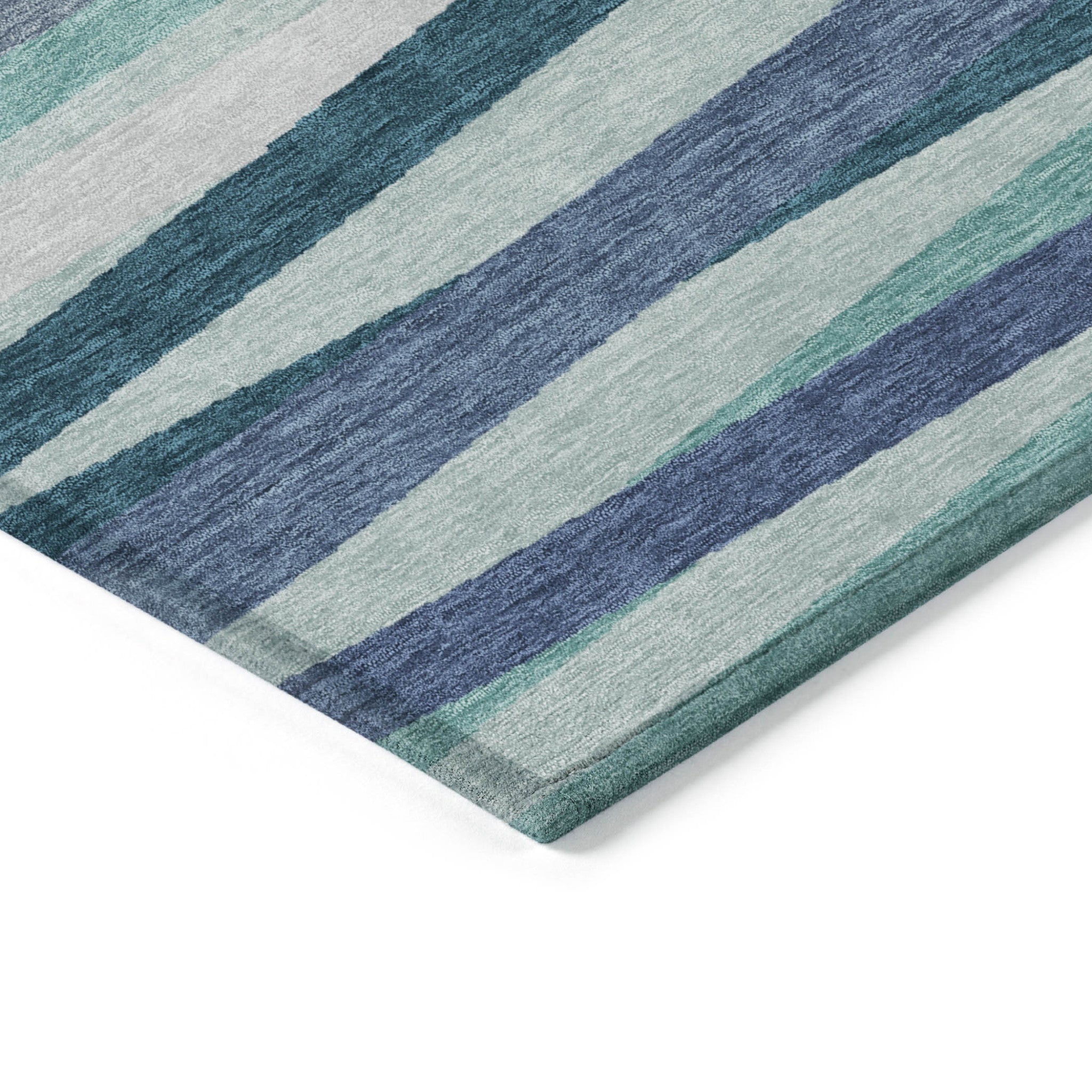 3' X 5' Teal Blue Gray And Ivory Striped Washable Indoor Outdoor Area Rug - GreatEagleInc