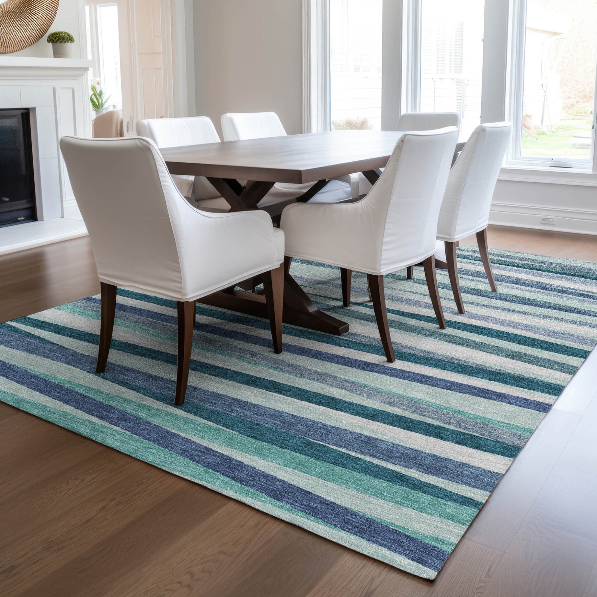 3' X 5' Teal Blue Gray And Ivory Striped Washable Indoor Outdoor Area Rug - GreatEagleInc