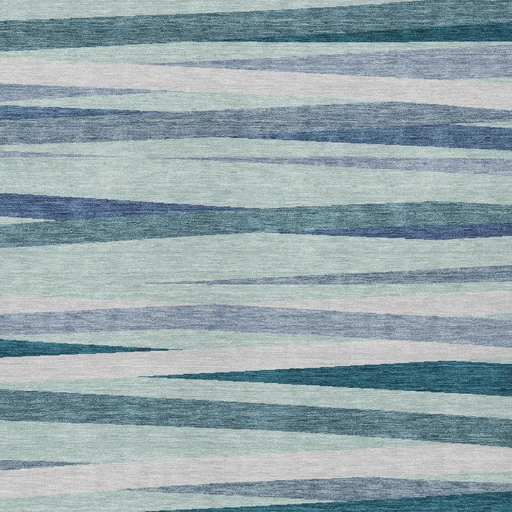 3' X 5' Teal Blue Gray And Ivory Striped Washable Indoor Outdoor Area Rug - GreatEagleInc