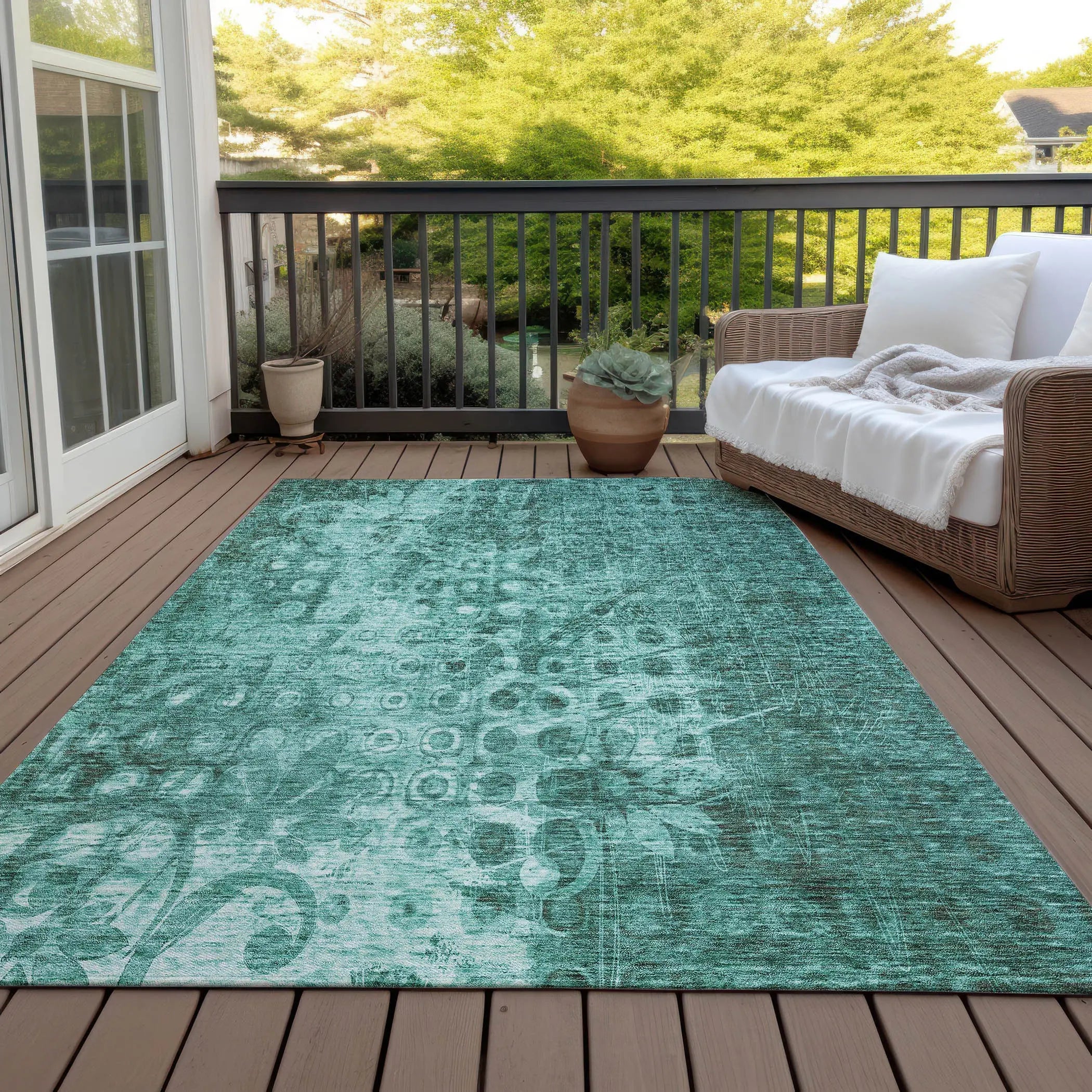 3' X 5' Teal Blue Ikat Washable Indoor Outdoor Area Rug - GreatEagleInc