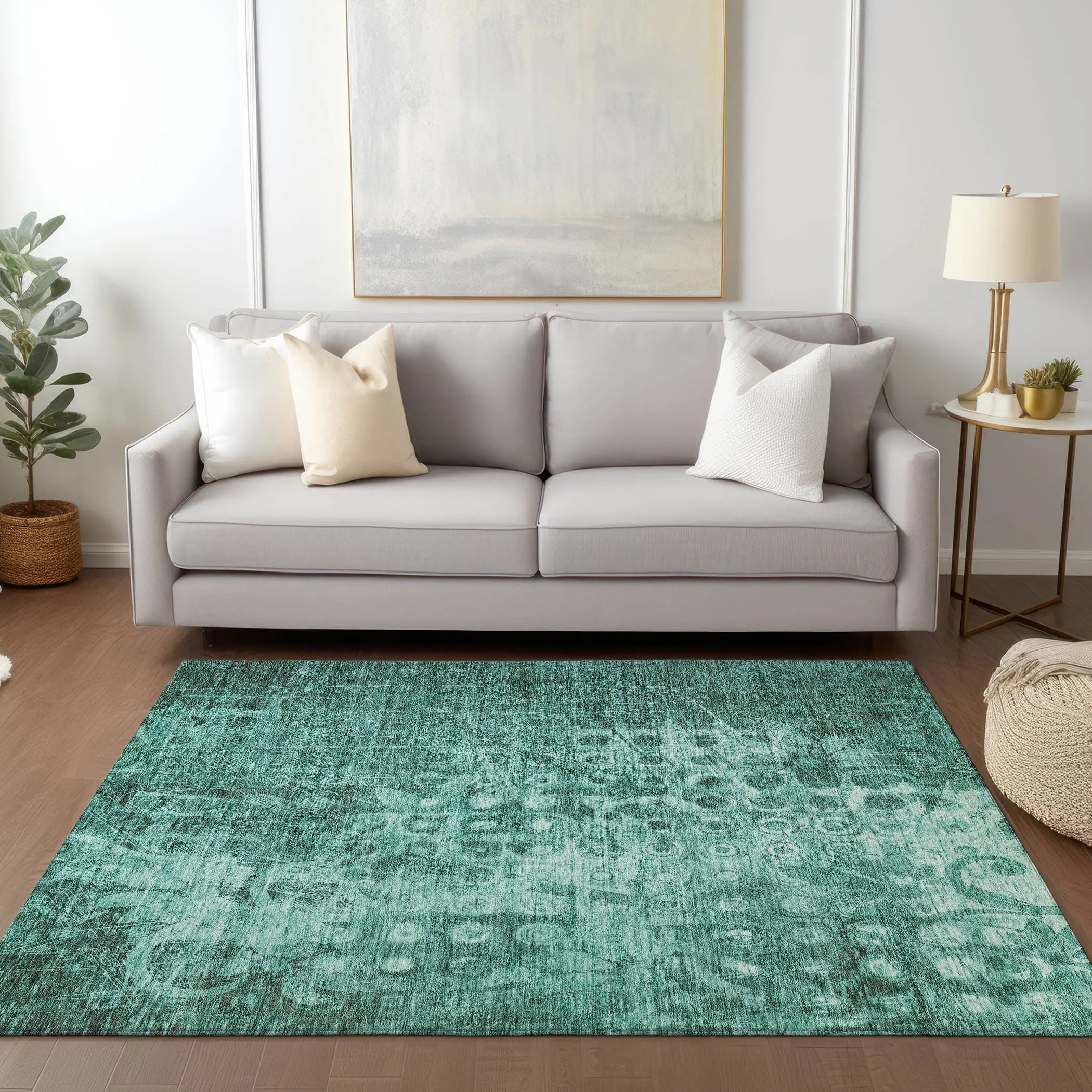 3' X 5' Teal Blue Ikat Washable Indoor Outdoor Area Rug - GreatEagleInc