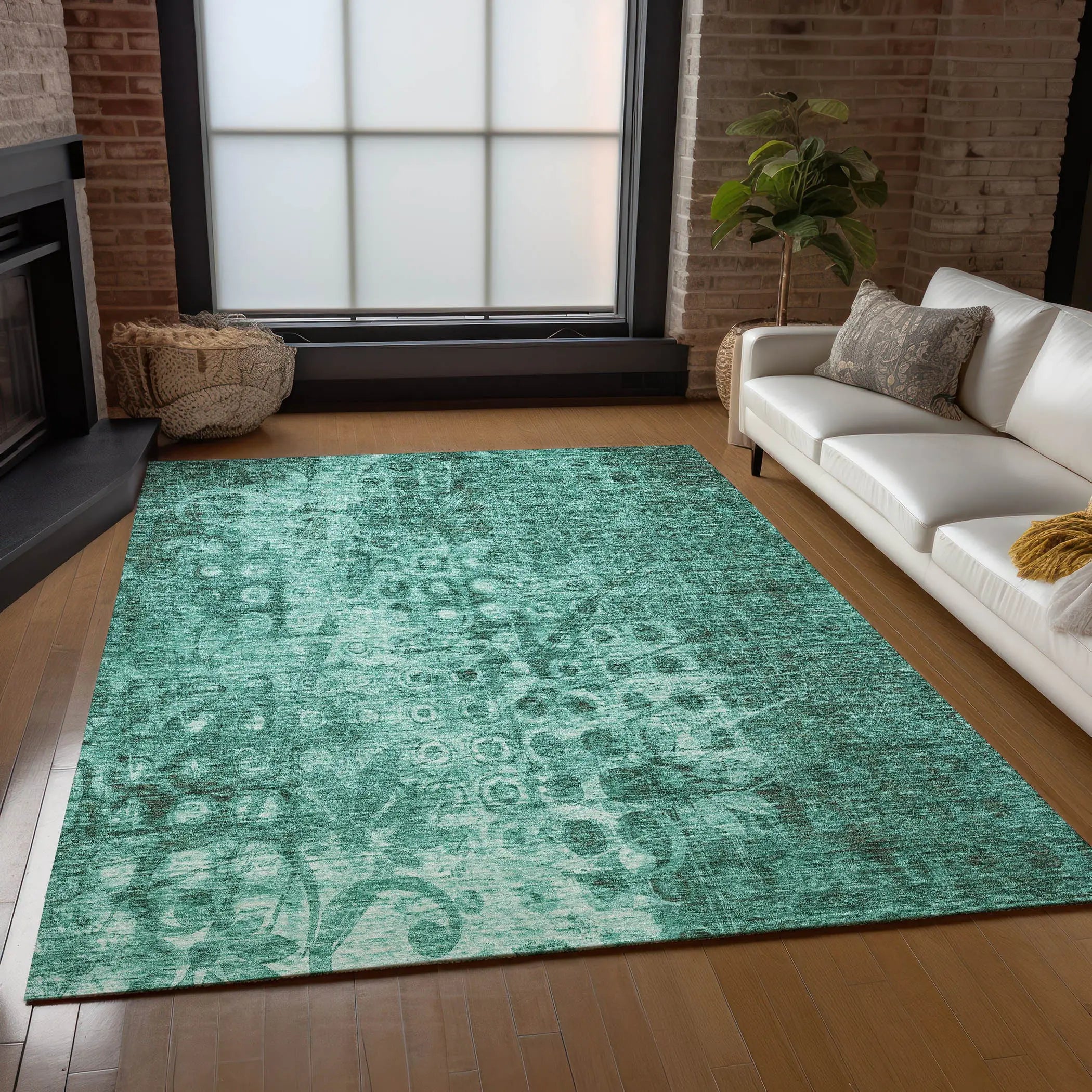 3' X 5' Teal Blue Ikat Washable Indoor Outdoor Area Rug - GreatEagleInc