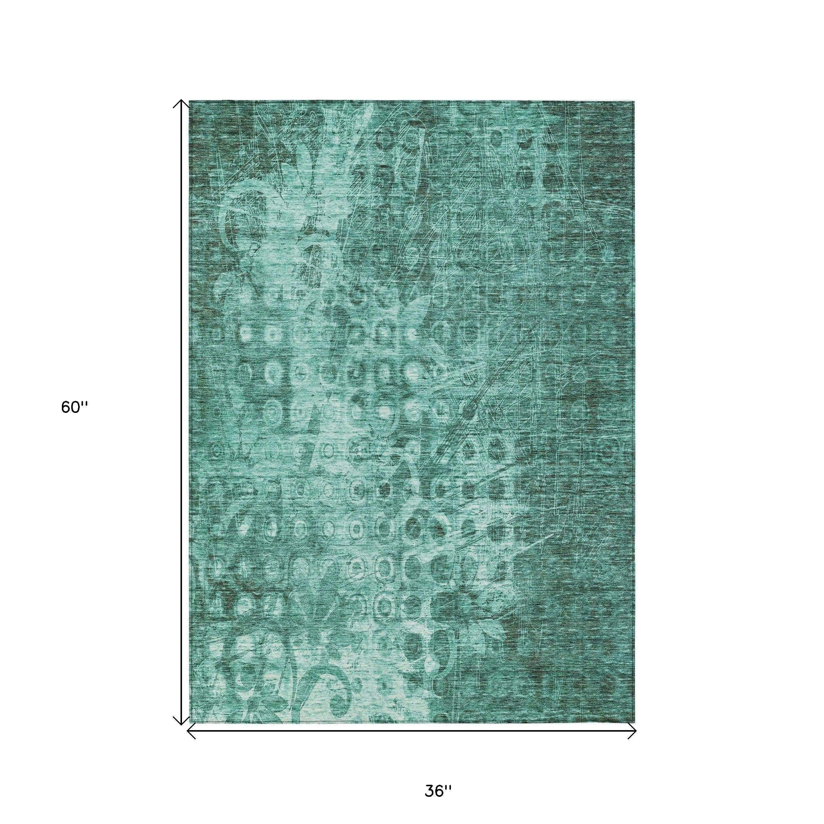 3' X 5' Teal Blue Ikat Washable Indoor Outdoor Area Rug - GreatEagleInc