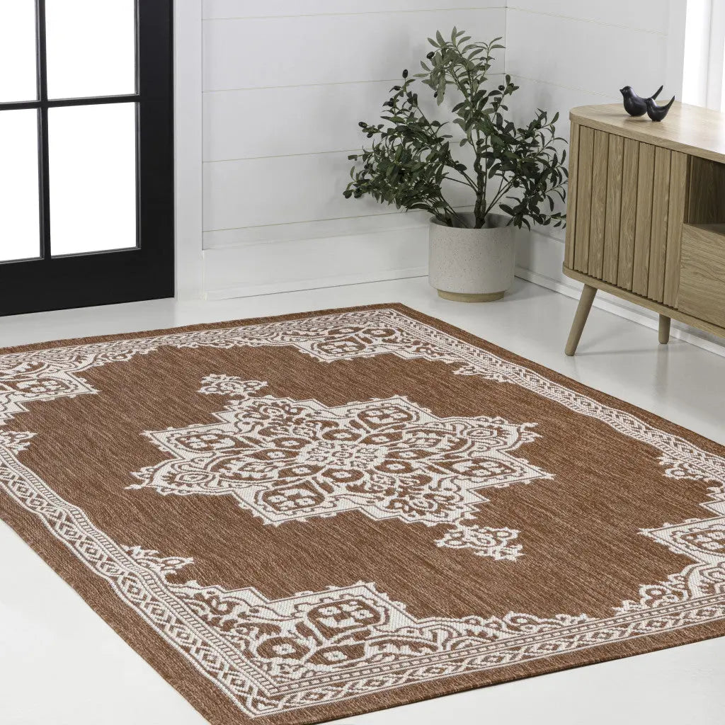 3' X 5' Terra Cotta And Cream Medallion Indoor Outdoor Area Rug Homeroots Outdoor
