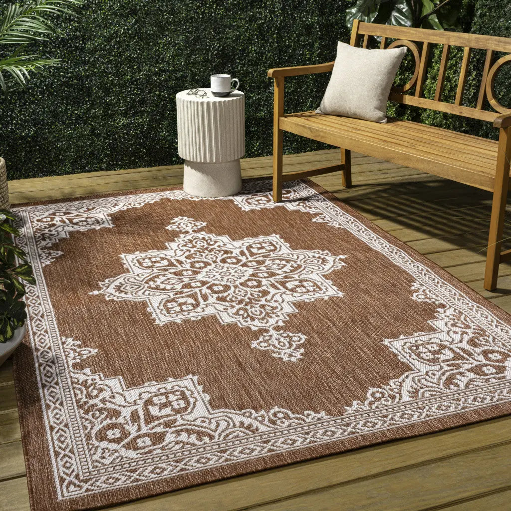 3' X 5' Terra Cotta And Cream Medallion Indoor Outdoor Area Rug Homeroots Outdoor
