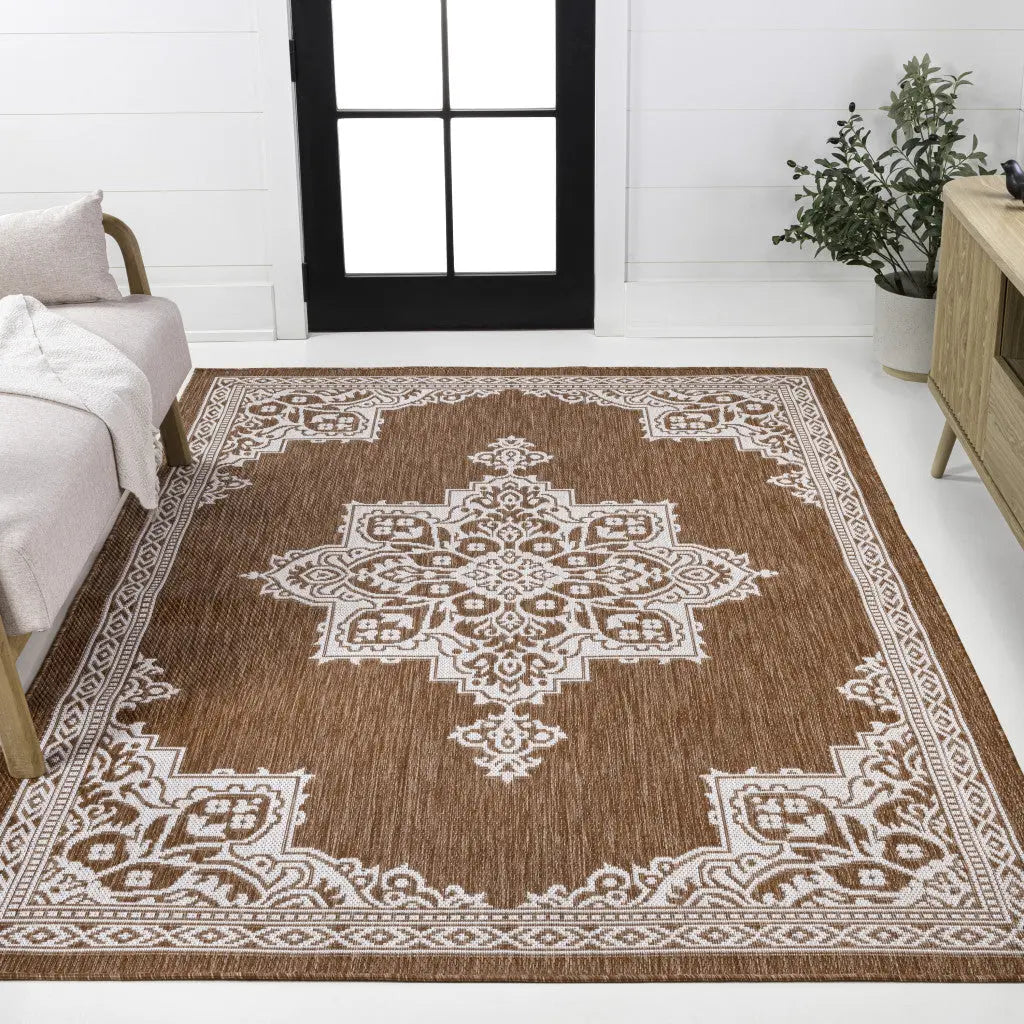 3' X 5' Terra Cotta And Cream Medallion Indoor Outdoor Area Rug Homeroots Outdoor