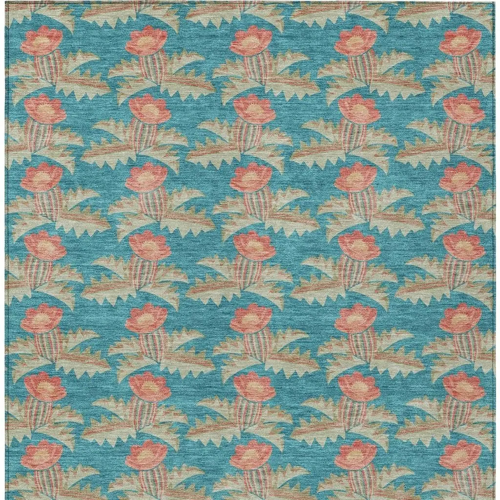 3' X 5' Turquoise And Brown Floral Washable Indoor Outdoor Area Rug Homeroots Outdoor