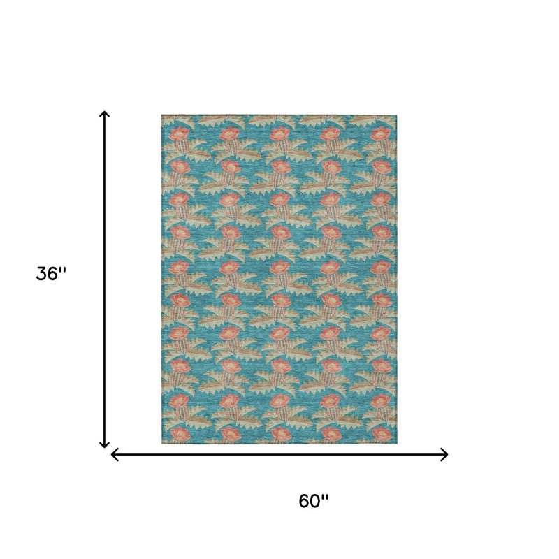 3' X 5' Turquoise And Brown Floral Washable Indoor Outdoor Area Rug Homeroots Outdoor