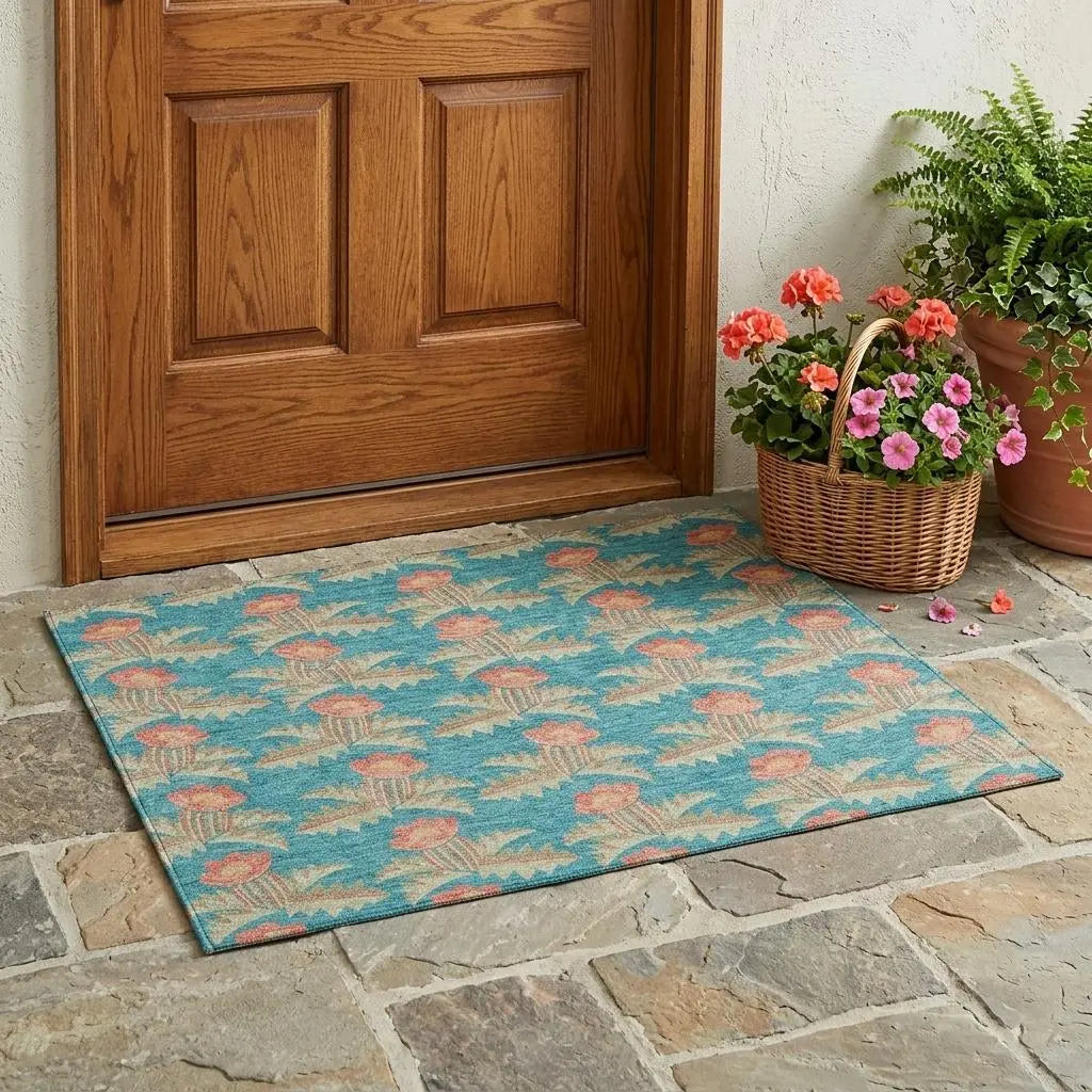 3' X 5' Turquoise And Brown Floral Washable Indoor Outdoor Area Rug Homeroots Outdoor