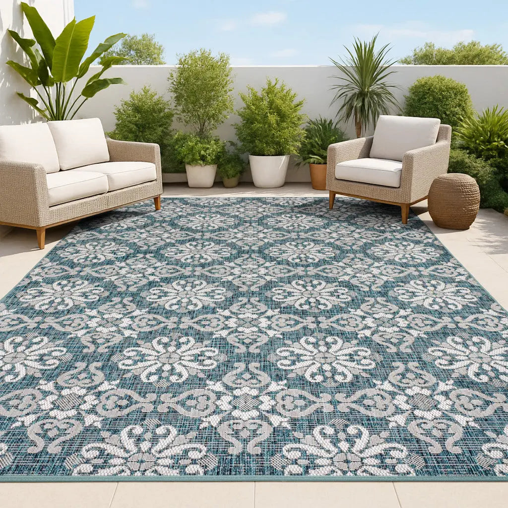 3' X 5' Turquoise And Cream Floral Indoor Outdoor Area Rug Homeroots Outdoor