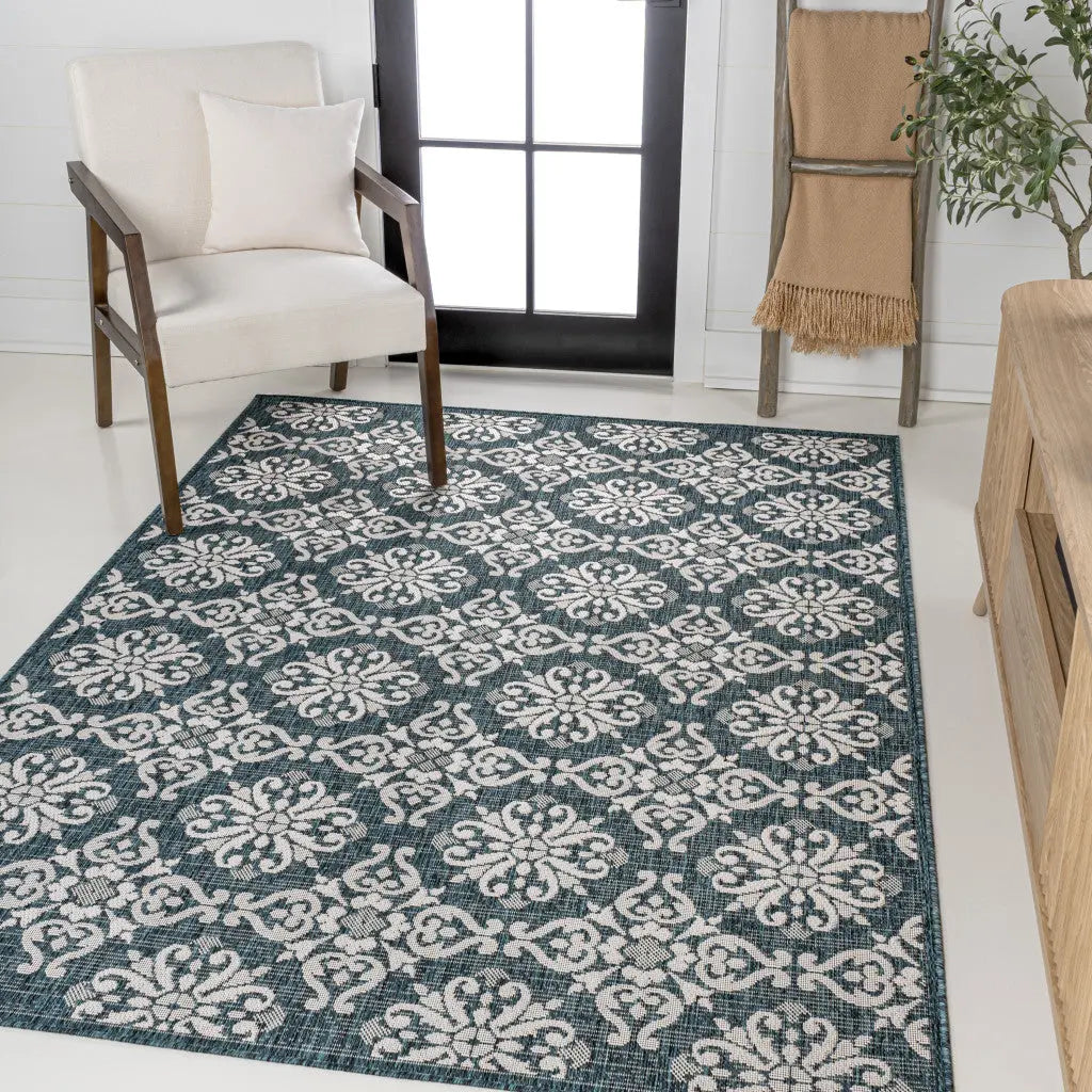 3' X 5' Turquoise And Cream Floral Indoor Outdoor Area Rug Homeroots Outdoor