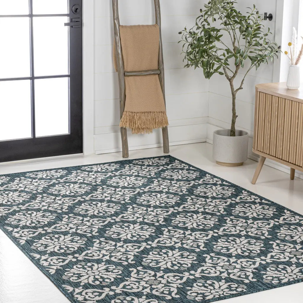 3' X 5' Turquoise And Cream Floral Indoor Outdoor Area Rug Homeroots Outdoor