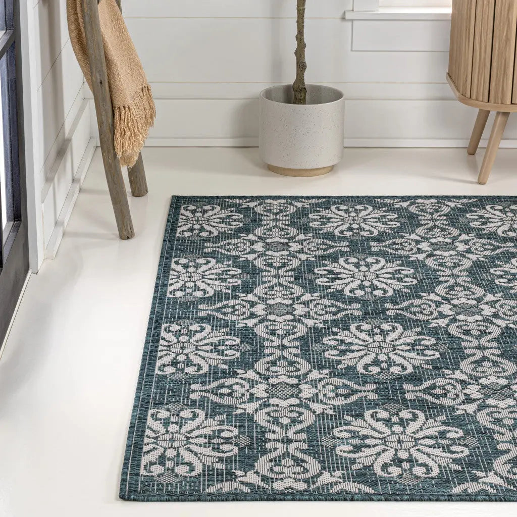 3' X 5' Turquoise And Cream Floral Indoor Outdoor Area Rug Homeroots Outdoor