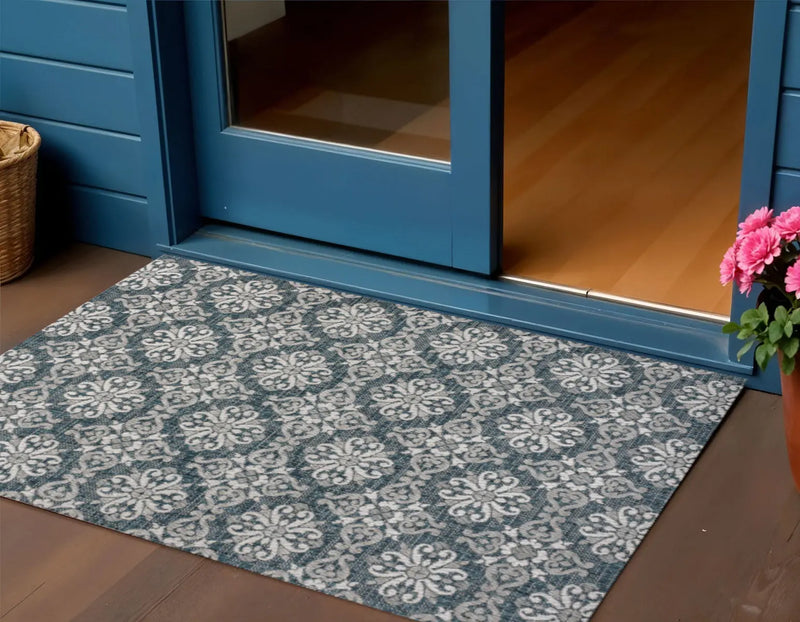 3' X 5' Turquoise And Cream Floral Indoor Outdoor Area Rug Homeroots Outdoor