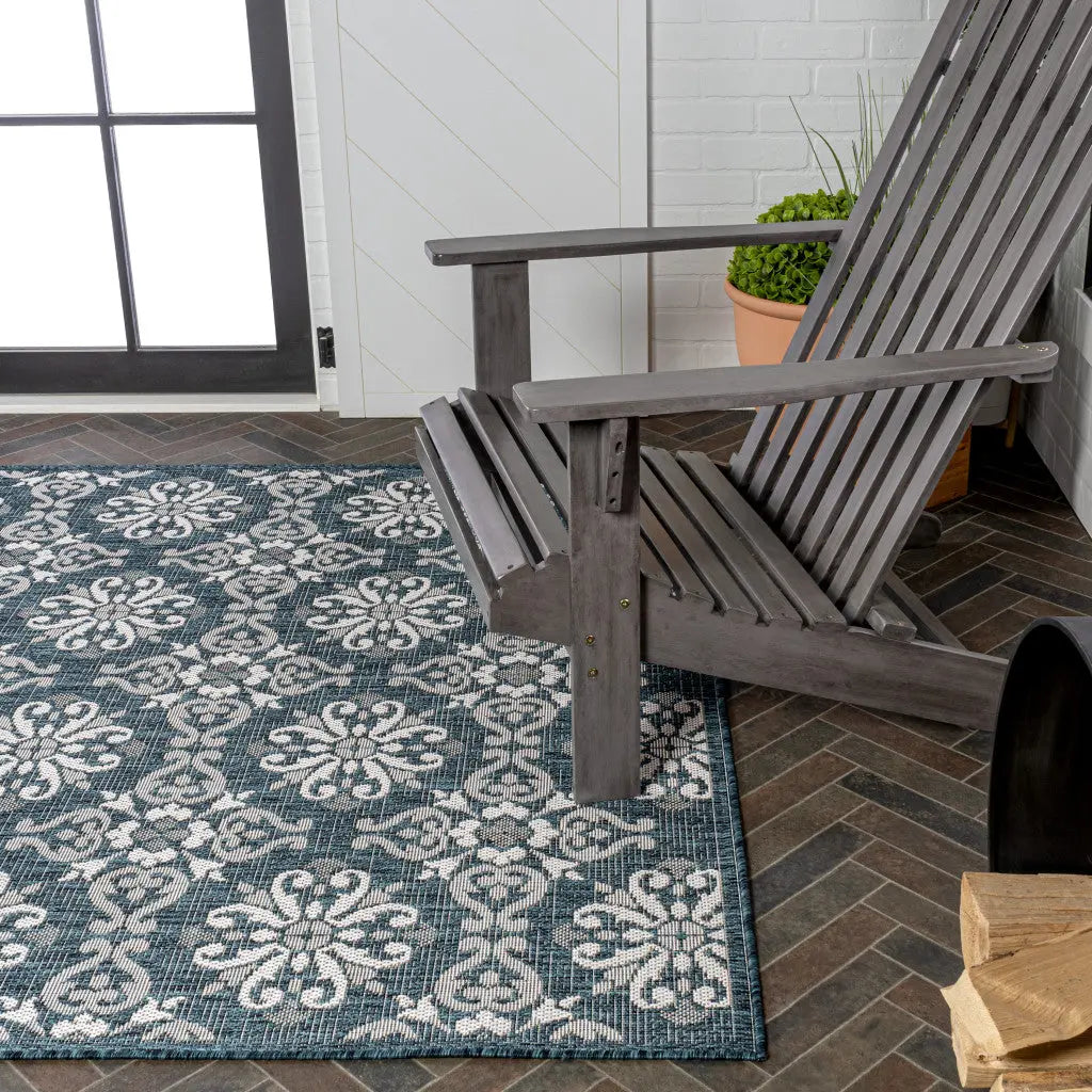 3' X 5' Turquoise And Cream Floral Indoor Outdoor Area Rug Homeroots Outdoor
