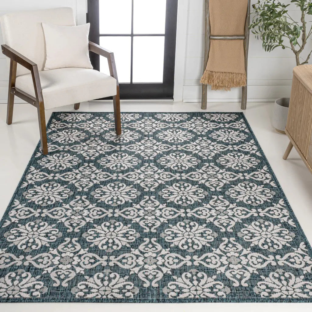 3' X 5' Turquoise And Cream Floral Indoor Outdoor Area Rug Homeroots Outdoor