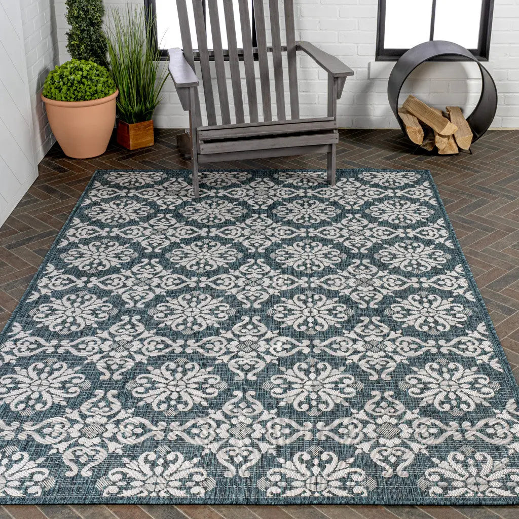 3' X 5' Turquoise And Cream Floral Indoor Outdoor Area Rug Homeroots Outdoor