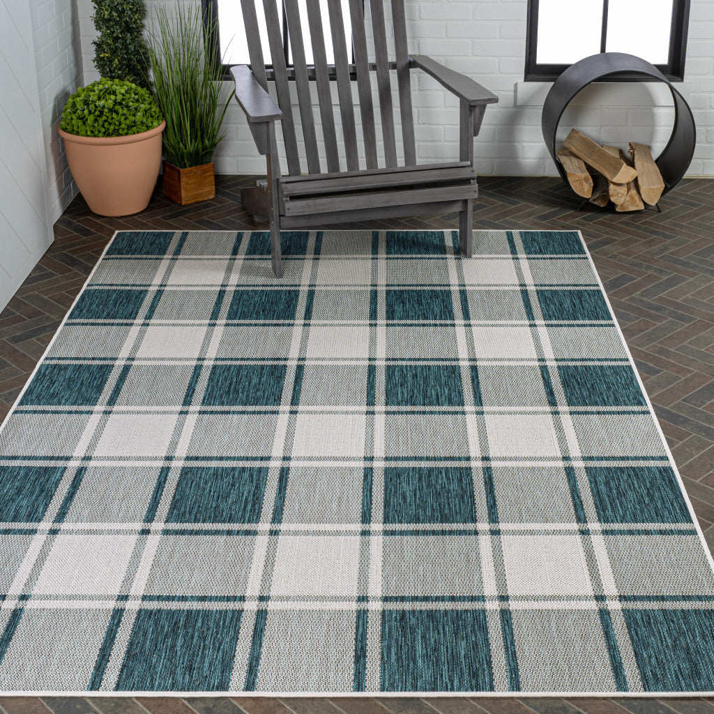 3' X 5' Turquoise And Cream Gingham Indoor Outdoor Area Rug - GreatEagleInc