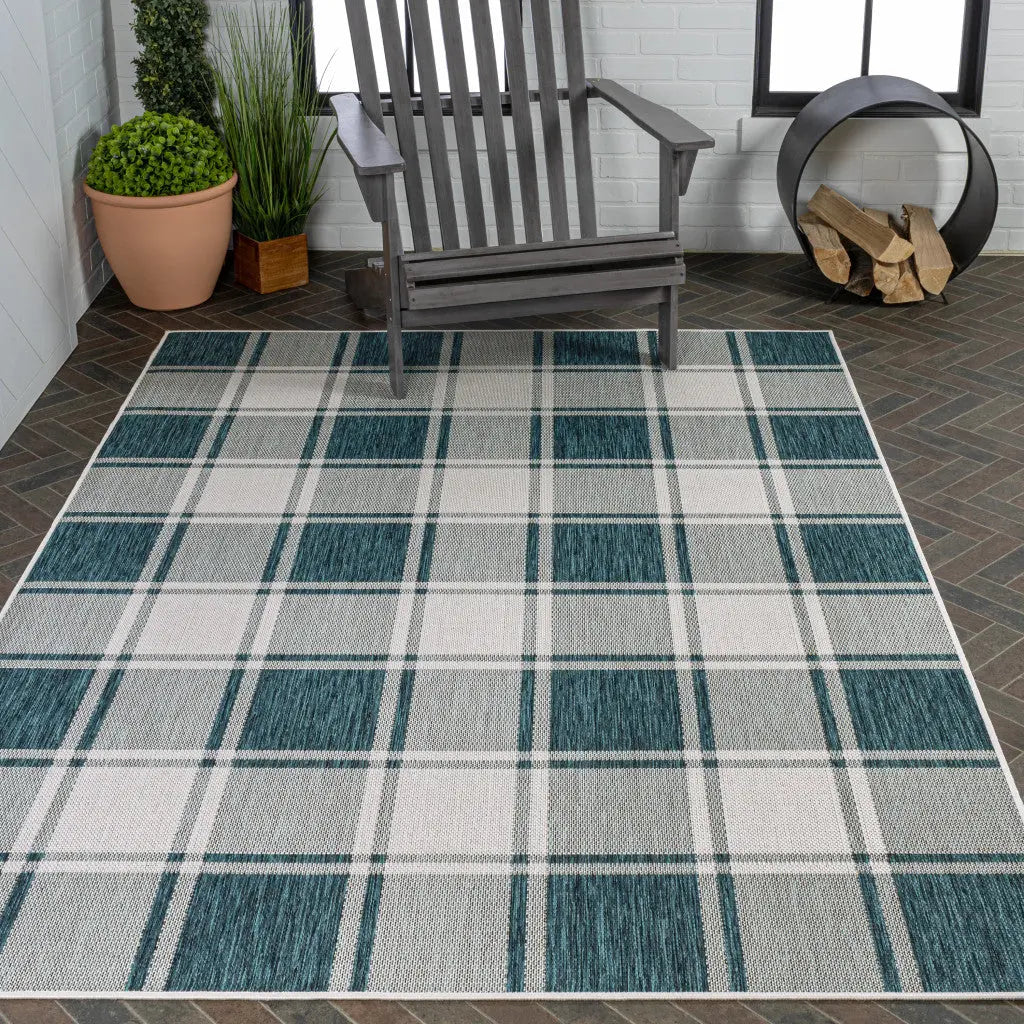 3' X 5' Turquoise And Cream Gingham Indoor Outdoor Area Rug - GreatEagleInc