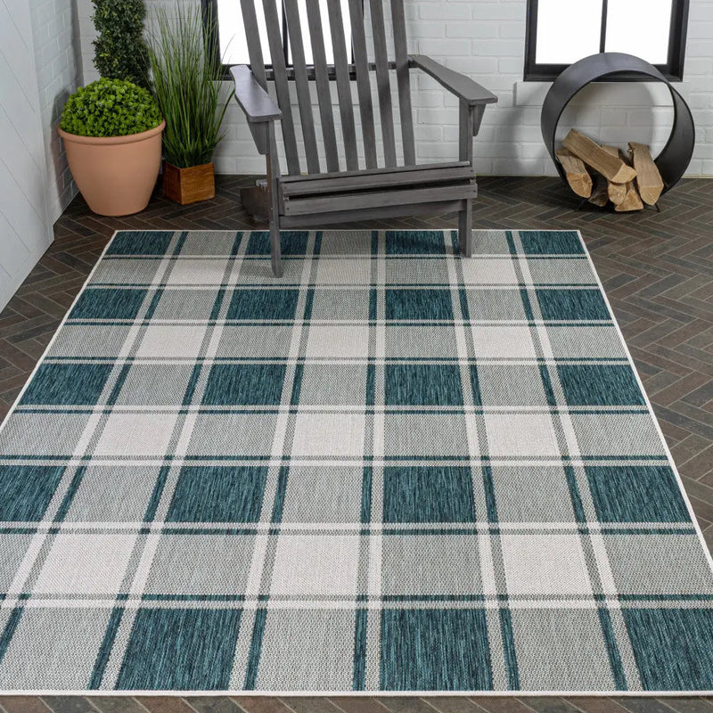 3' X 5' Turquoise And Cream Gingham Indoor Outdoor Area Rug - GreatEagleInc