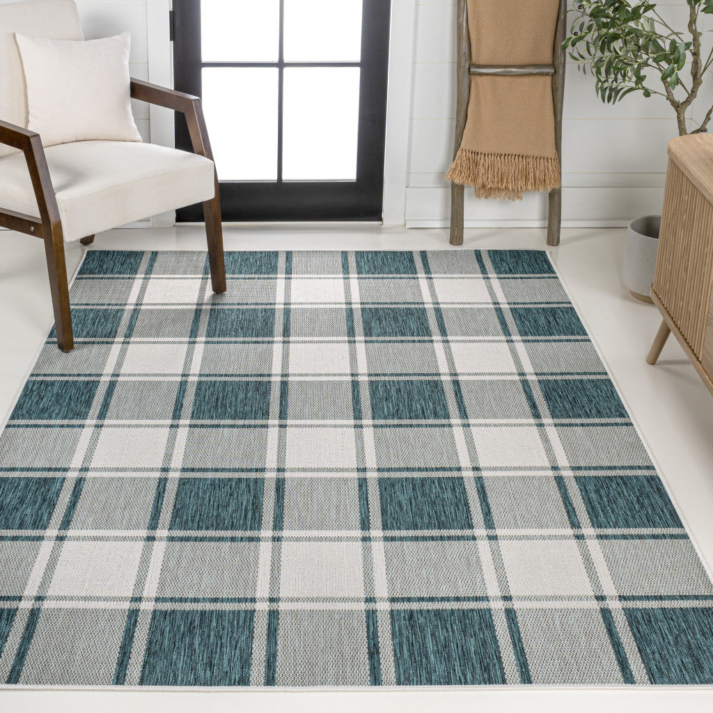 3' X 5' Turquoise And Cream Gingham Indoor Outdoor Area Rug - GreatEagleInc