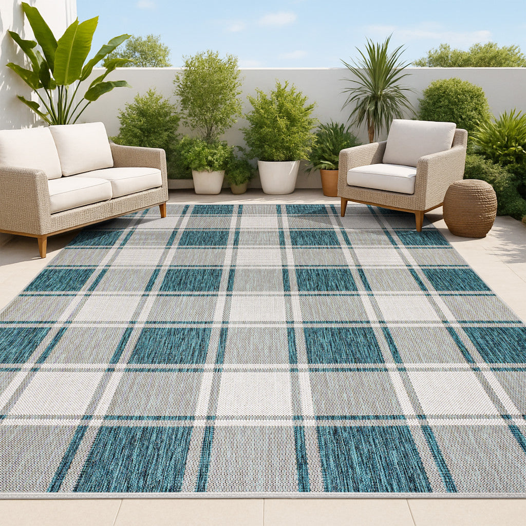 3' X 5' Turquoise And Cream Gingham Indoor Outdoor Area Rug - GreatEagleInc