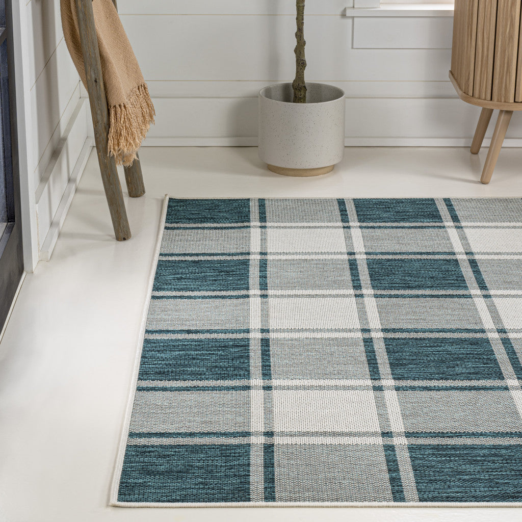 3' X 5' Turquoise And Cream Gingham Indoor Outdoor Area Rug - GreatEagleInc