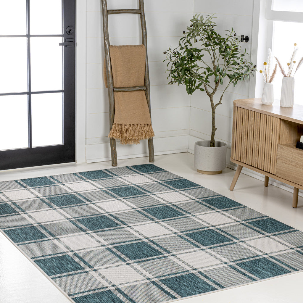 3' X 5' Turquoise And Cream Gingham Indoor Outdoor Area Rug - GreatEagleInc