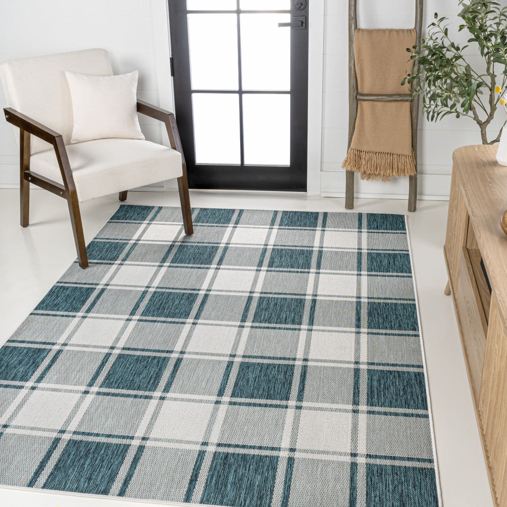 3' X 5' Turquoise And Cream Gingham Indoor Outdoor Area Rug - GreatEagleInc