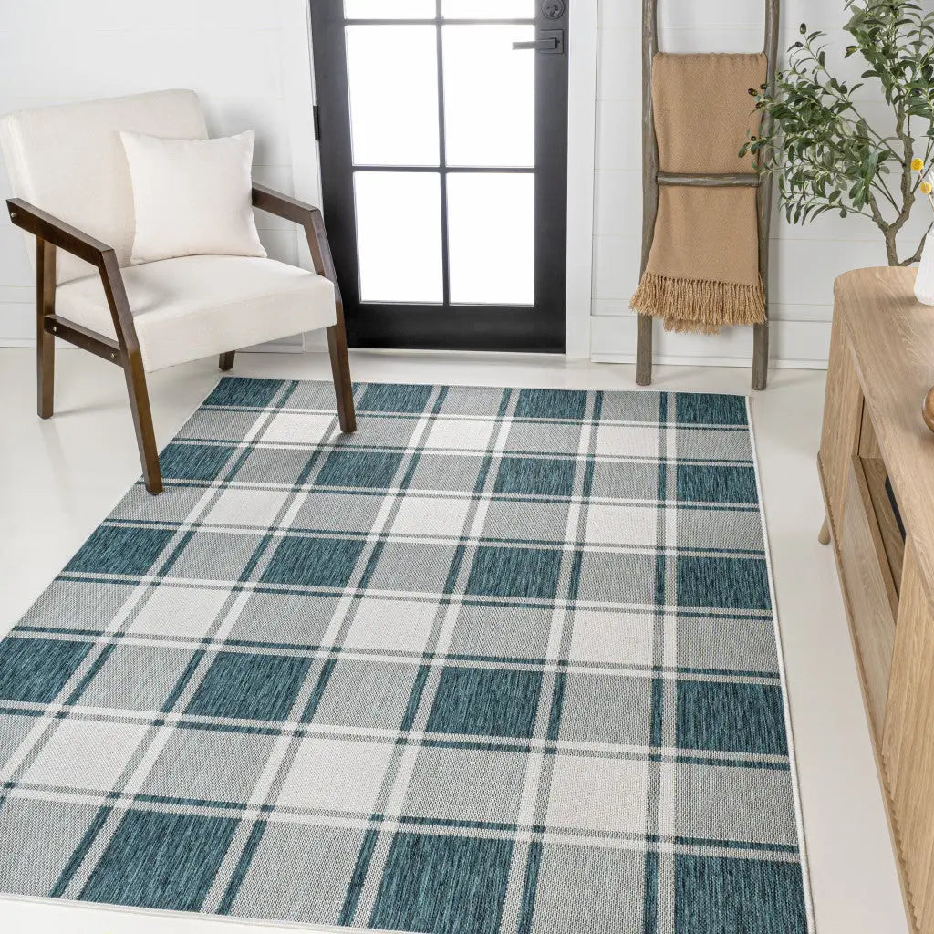 3' X 5' Turquoise And Cream Gingham Indoor Outdoor Area Rug - GreatEagleInc