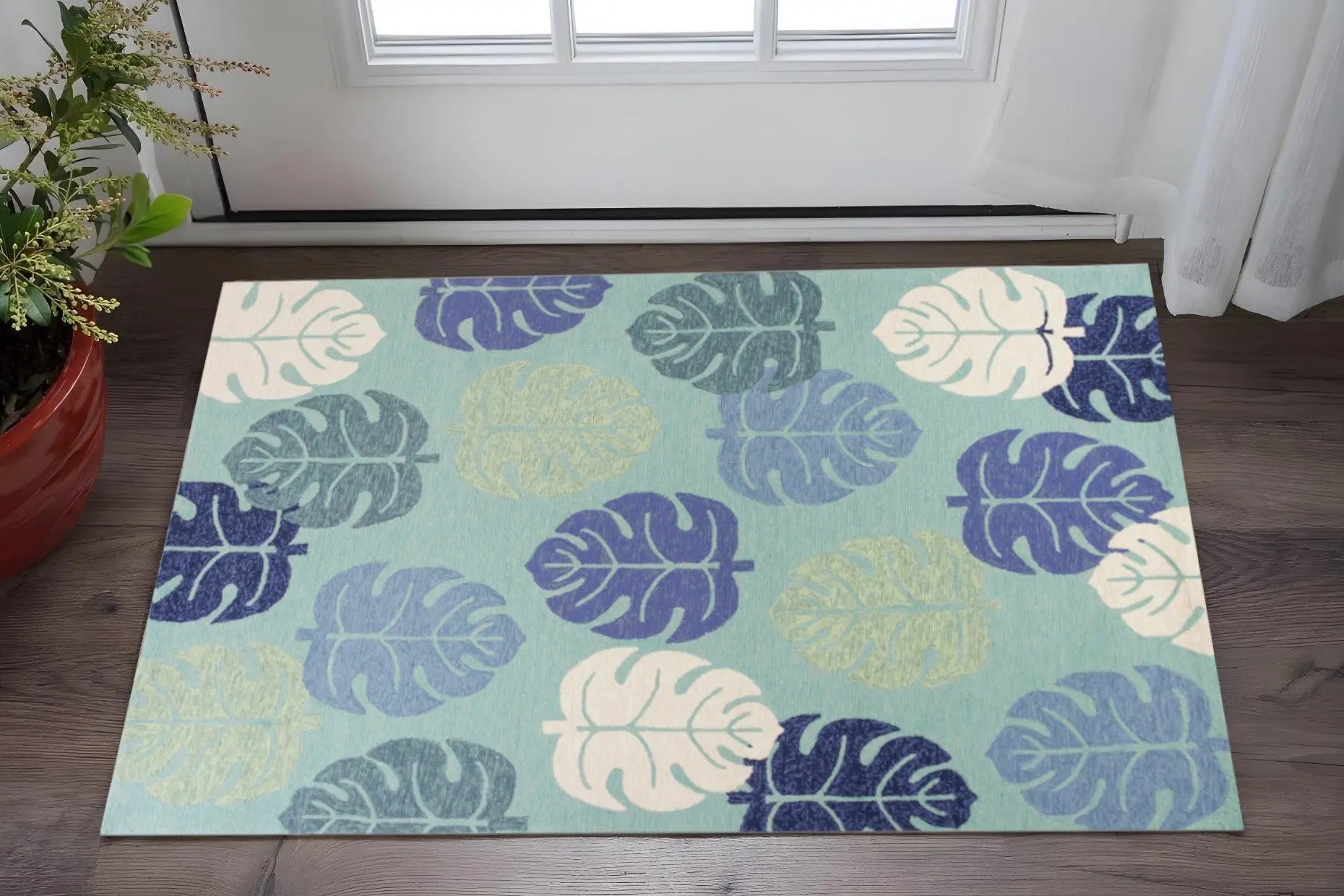 3' X 5' Turquoise And Ivory Botanical Leaves Hand Tufted Area Rug Homeroots Home Decor