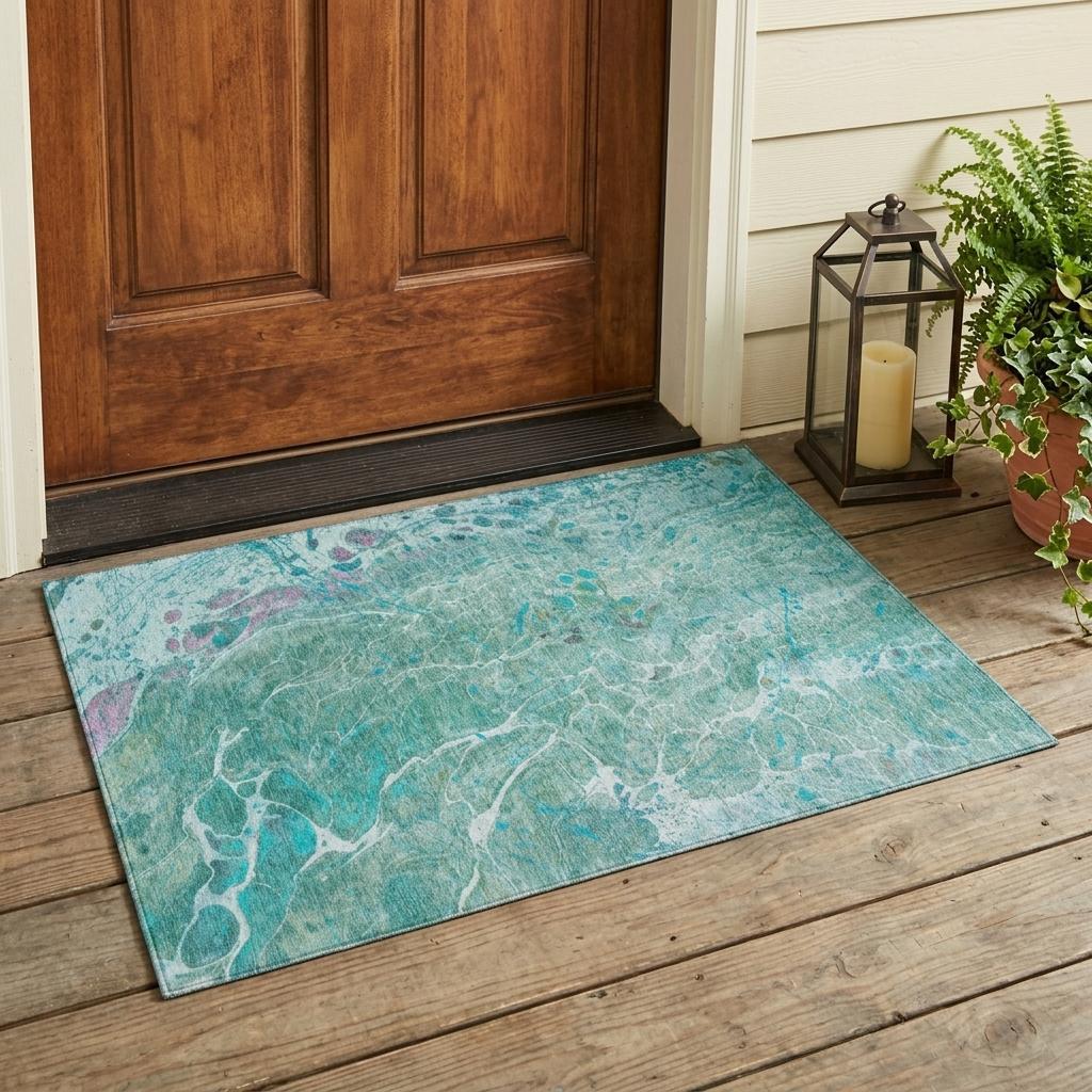 3' X 5' Turquoise And Teal Blue Abstract Washable Indoor Outdoor Area Rug Homeroots Outdoor