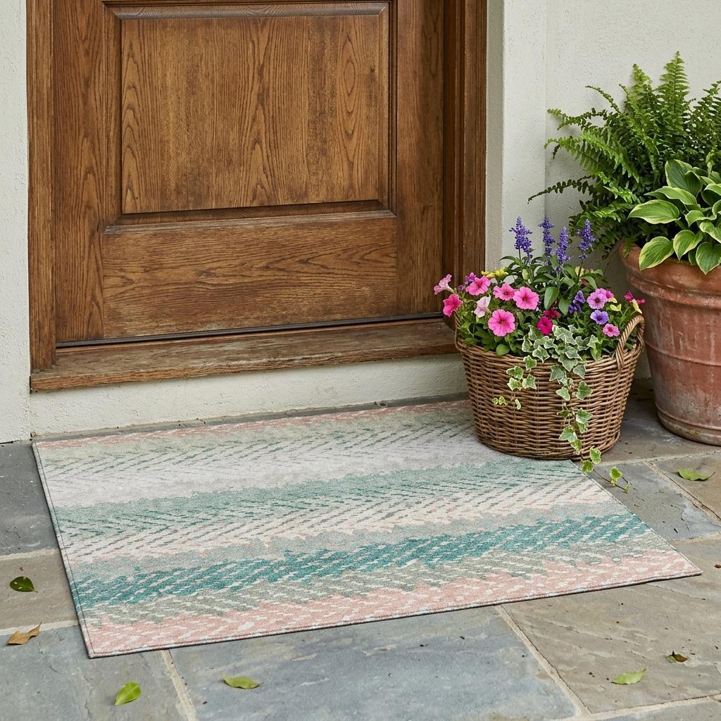 3' X 5' Turquoise And Teal Blue Striped Washable Indoor Outdoor Area Rug Homeroots Outdoor