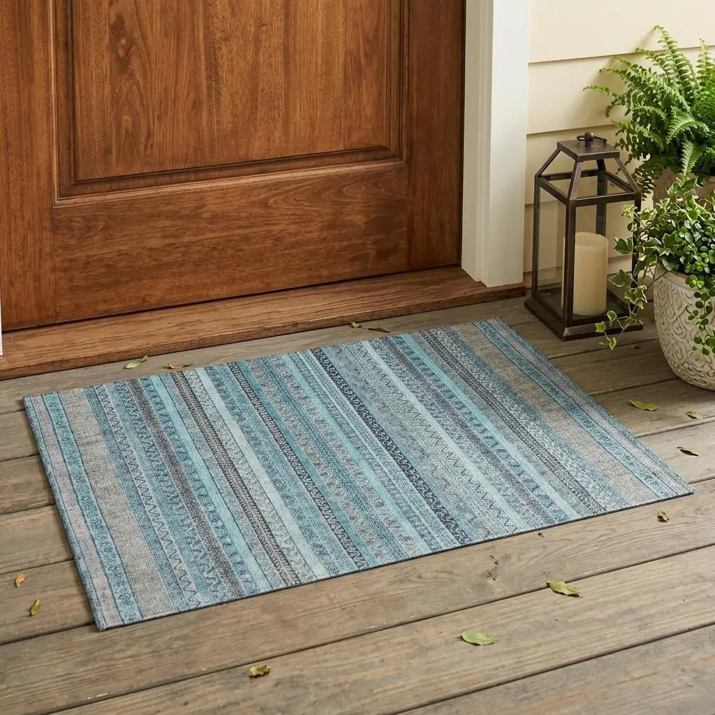 3' X 5' Turquoise And Teal Blue Striped Washable Indoor Outdoor Area Rug Homeroots Outdoor