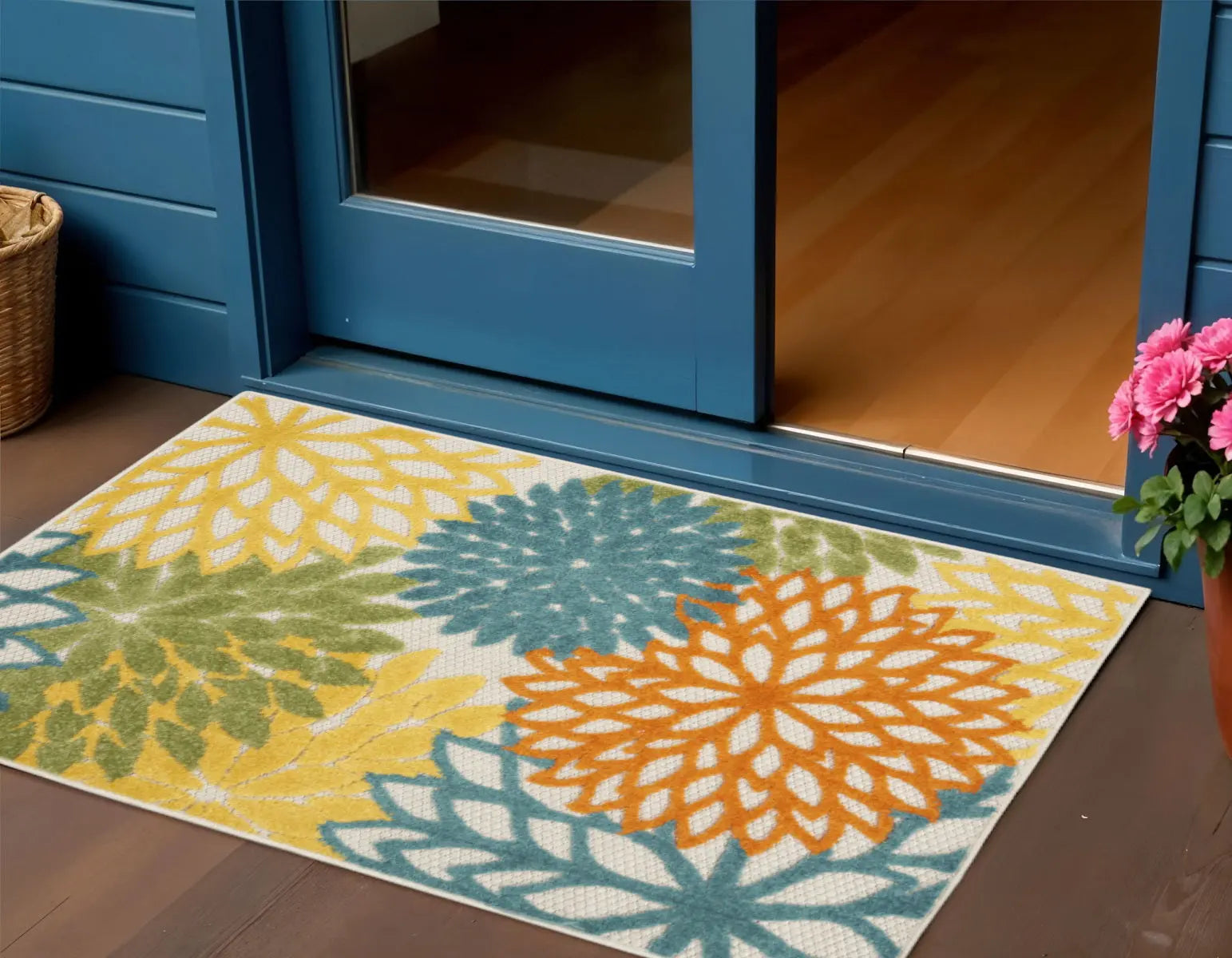 3' X 5' Turquoise Yellow Orange And Blue Floral Indoor Outdoor Area Rug Homeroots Outdoor