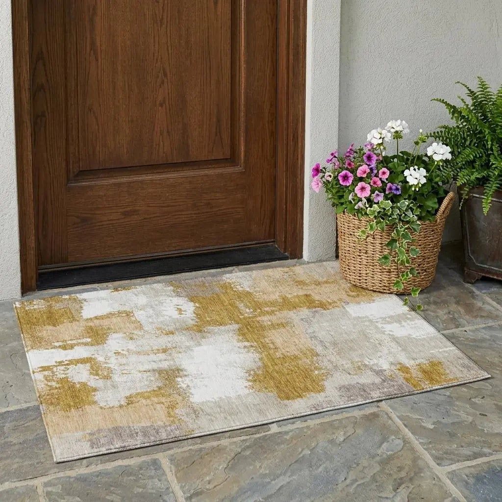 3' X 5' Walnut And Gold Abstract Washable Indoor Outdoor Area Rug Homeroots Outdoor